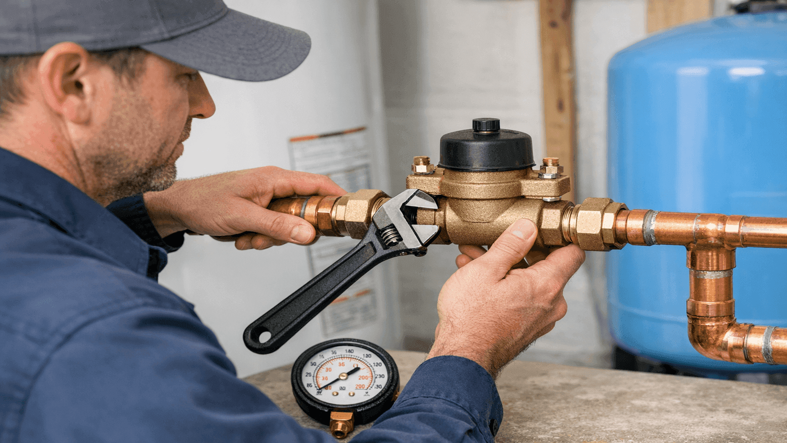 Licensed plumber in residential utility room installing a backflow preventer on copper supply pipe using adjustable wrench on union fittings, test gauge visible nearby