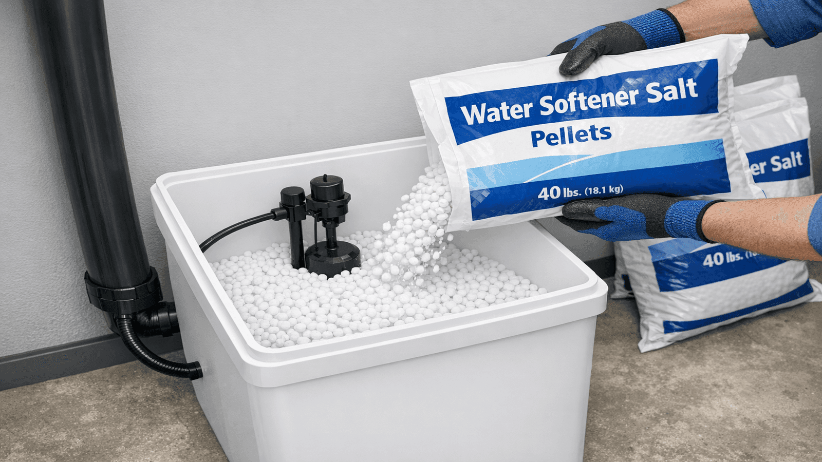 Brine tank being filled with white salt pellets, bags of water softener salt nearby, brine tank positioned next to mineral tank with connecting brine line visible