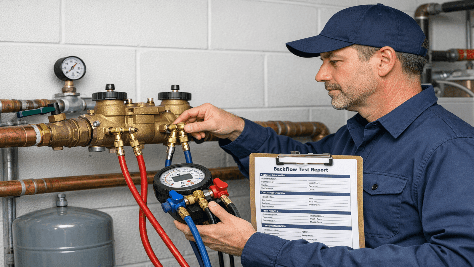 Certified backflow tester connecting differential pressure gauge test kit to RPZ assembly test cocks, holding clipboard with test report form