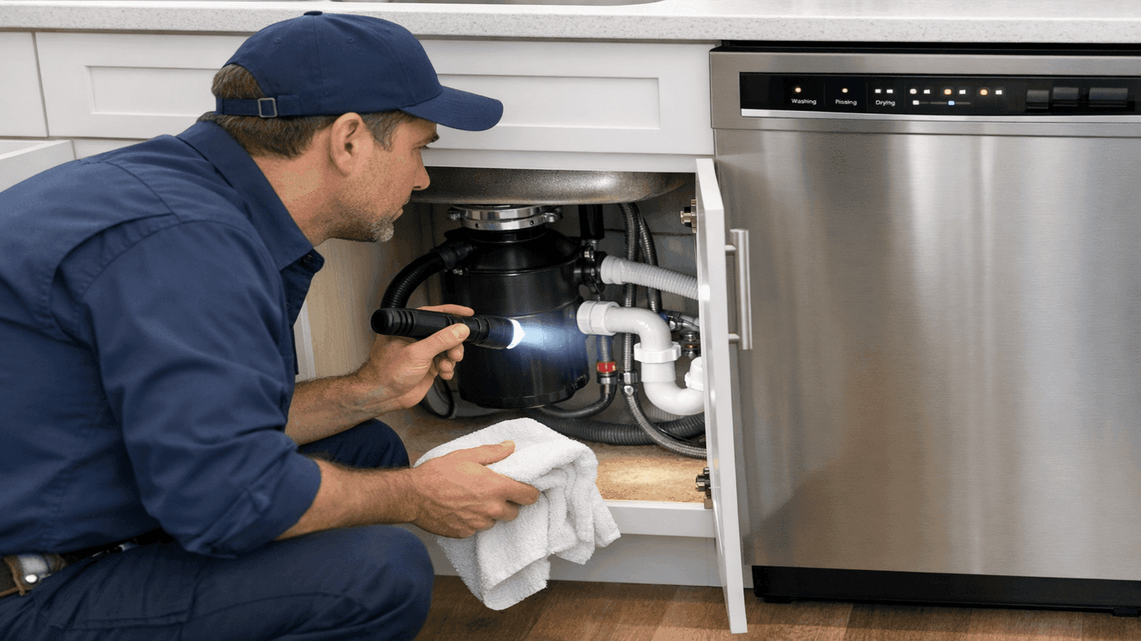 Licensed plumber shining a flashlight under the kitchen sink to inspect supply line and drain connections while the dishwasher runs its first test cycle
