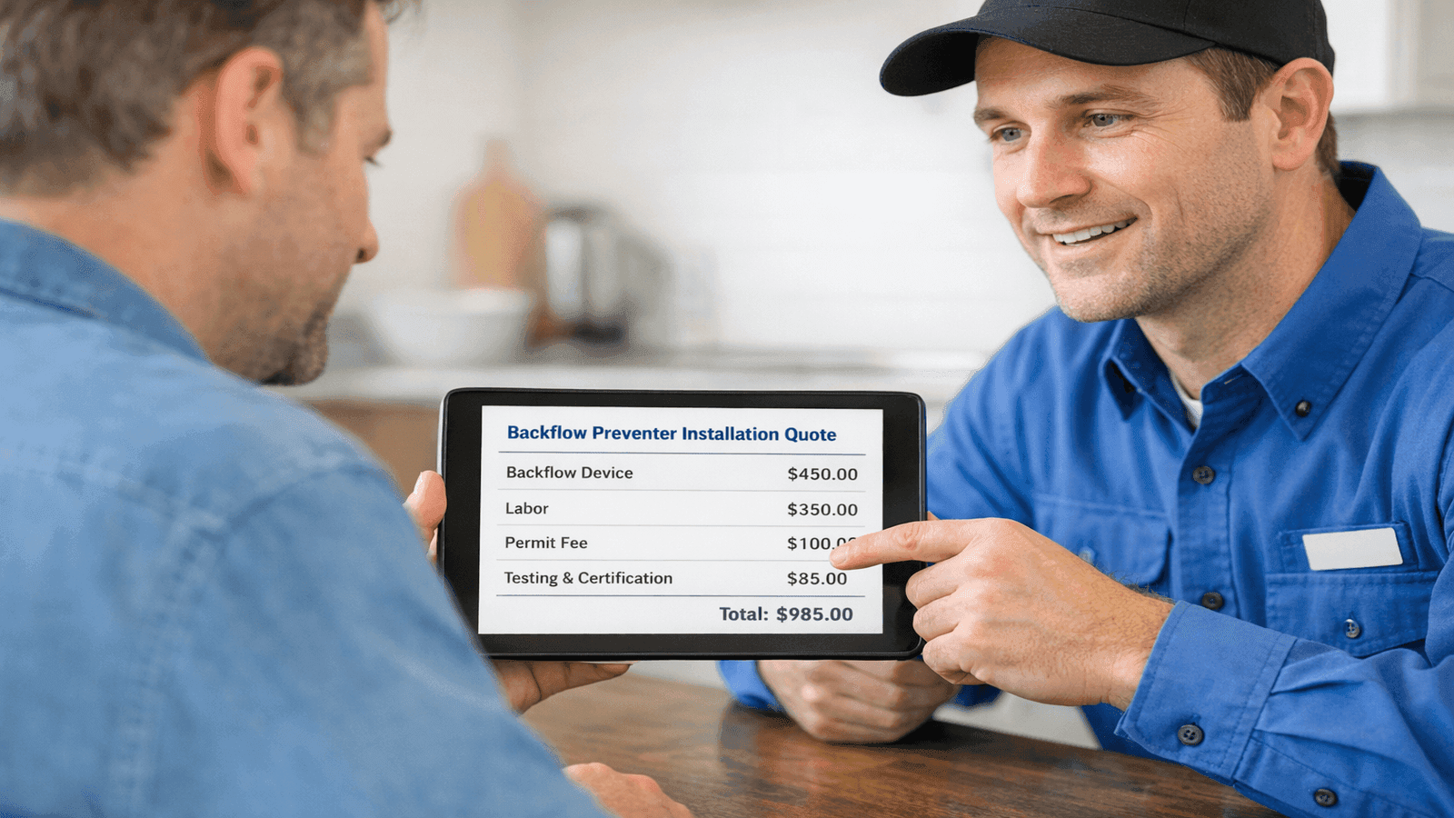 Homeowner reviewing backflow preventer installation quote on tablet with licensed plumber, showing itemized line items for device, labor, permit, and testing
