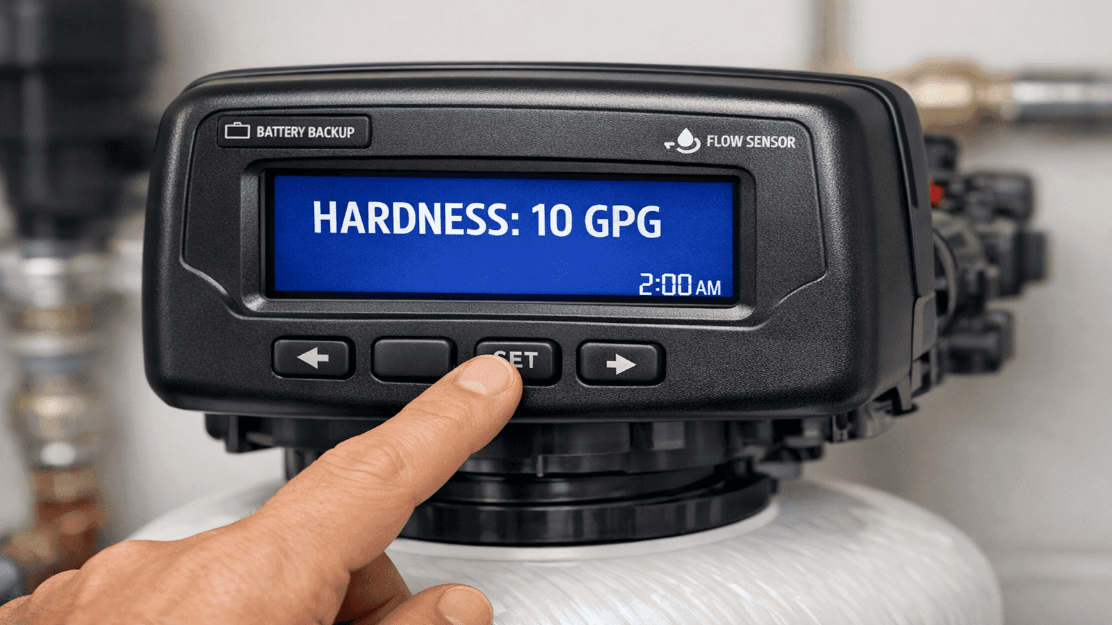 Digital control head on water softener being programmed, LCD display showing water hardness setting, homeowner's hand adjusting programming buttons