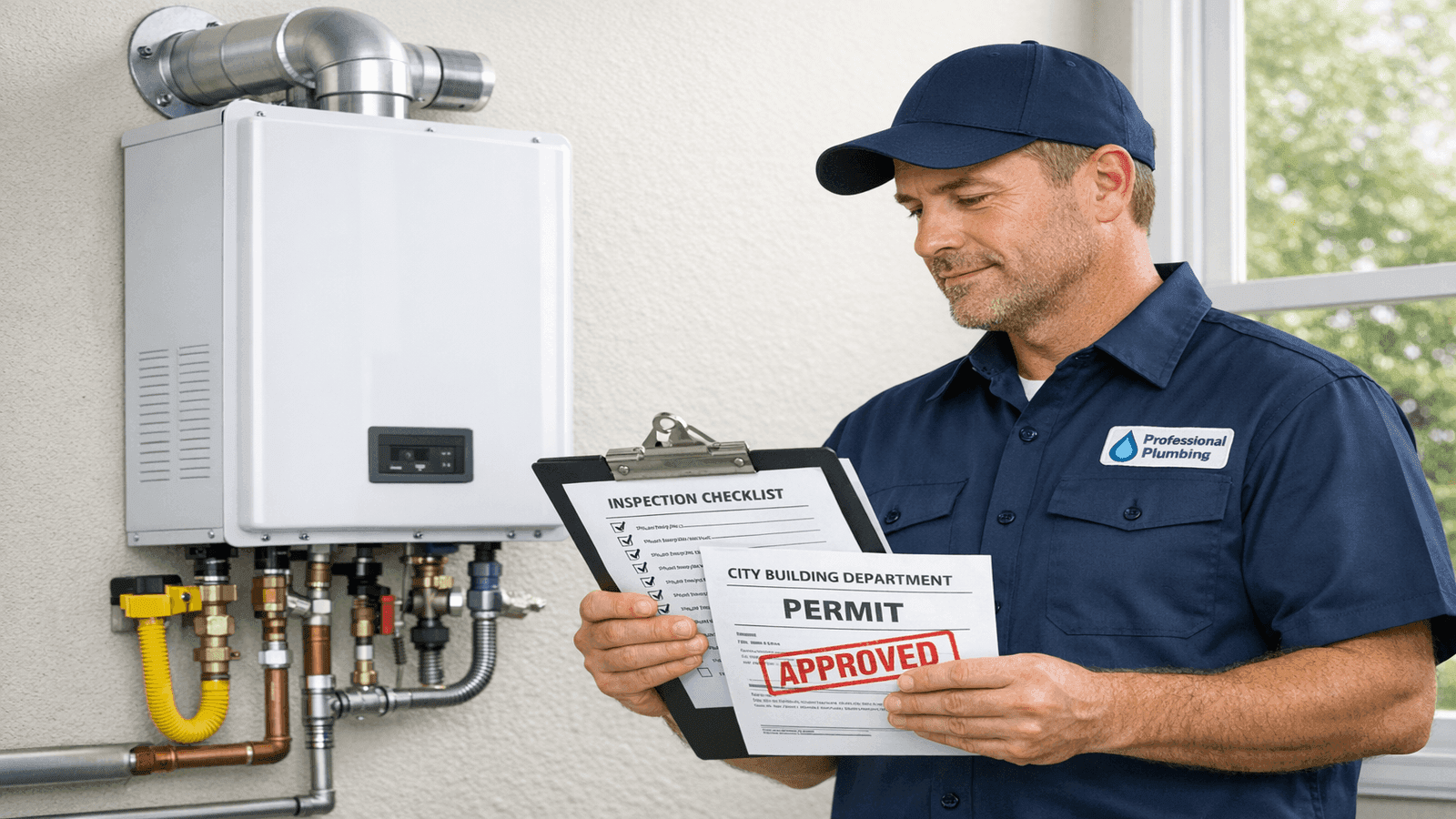 Licensed master plumber in uniform reviewing installation checklist beside newly installed tankless water heater mounted on exterior wall