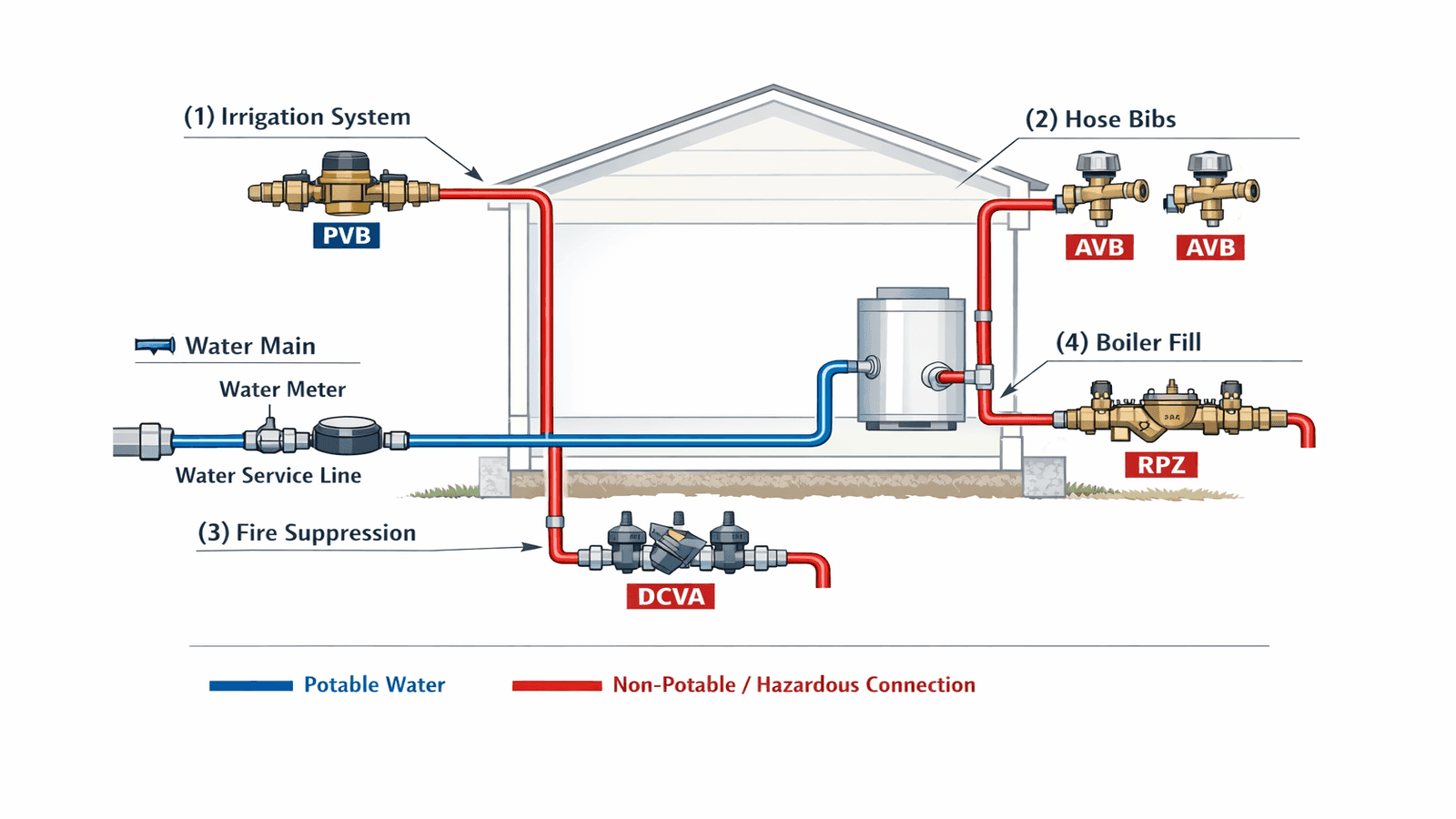 Diagram of residential water system showing required backflow prevention device locations at irrigation supply, hose bibs, fire suppression, and boiler fill connections with device type labels