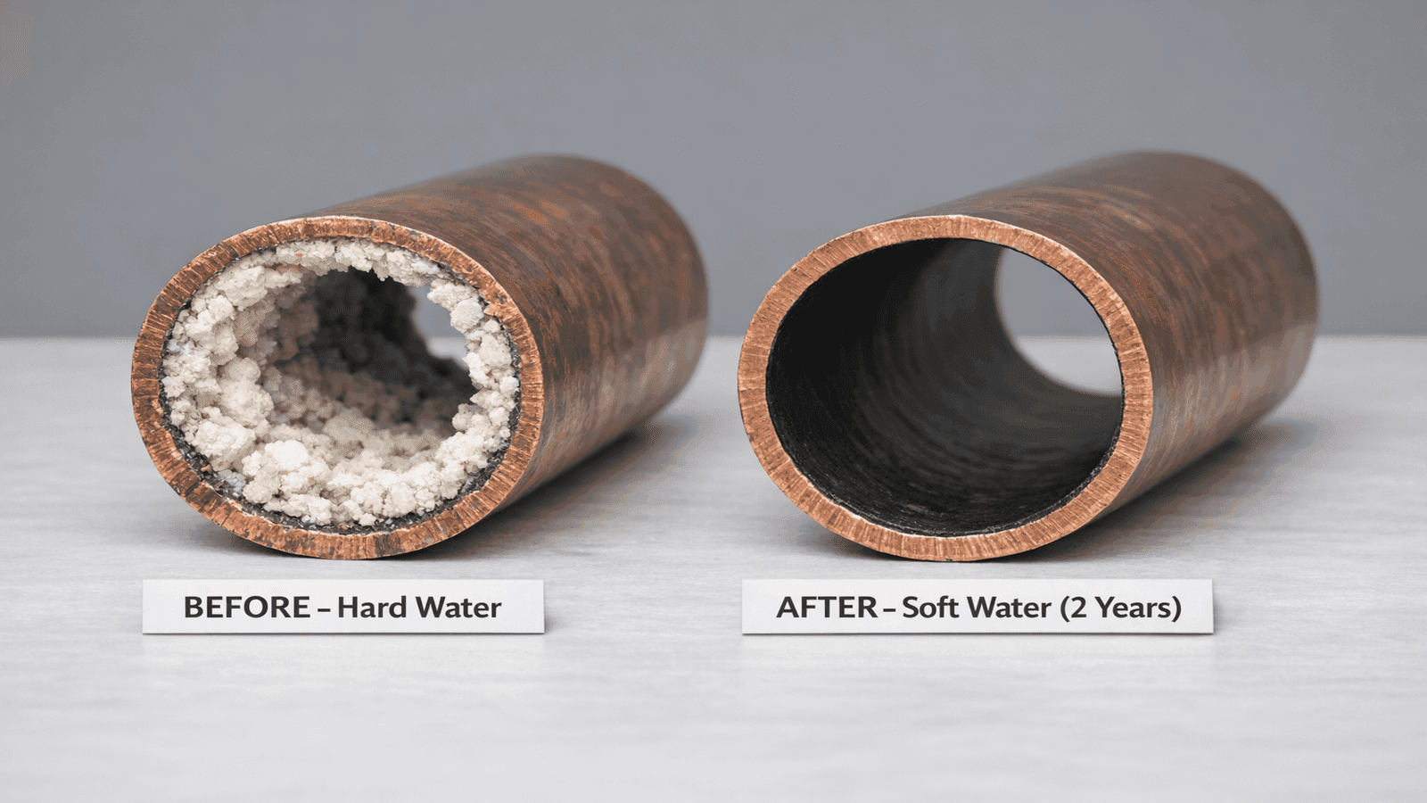 Before and after comparison of pipe cross-sections showing heavy calcium scale buildup in hard water pipe versus clean bore in soft water pipe