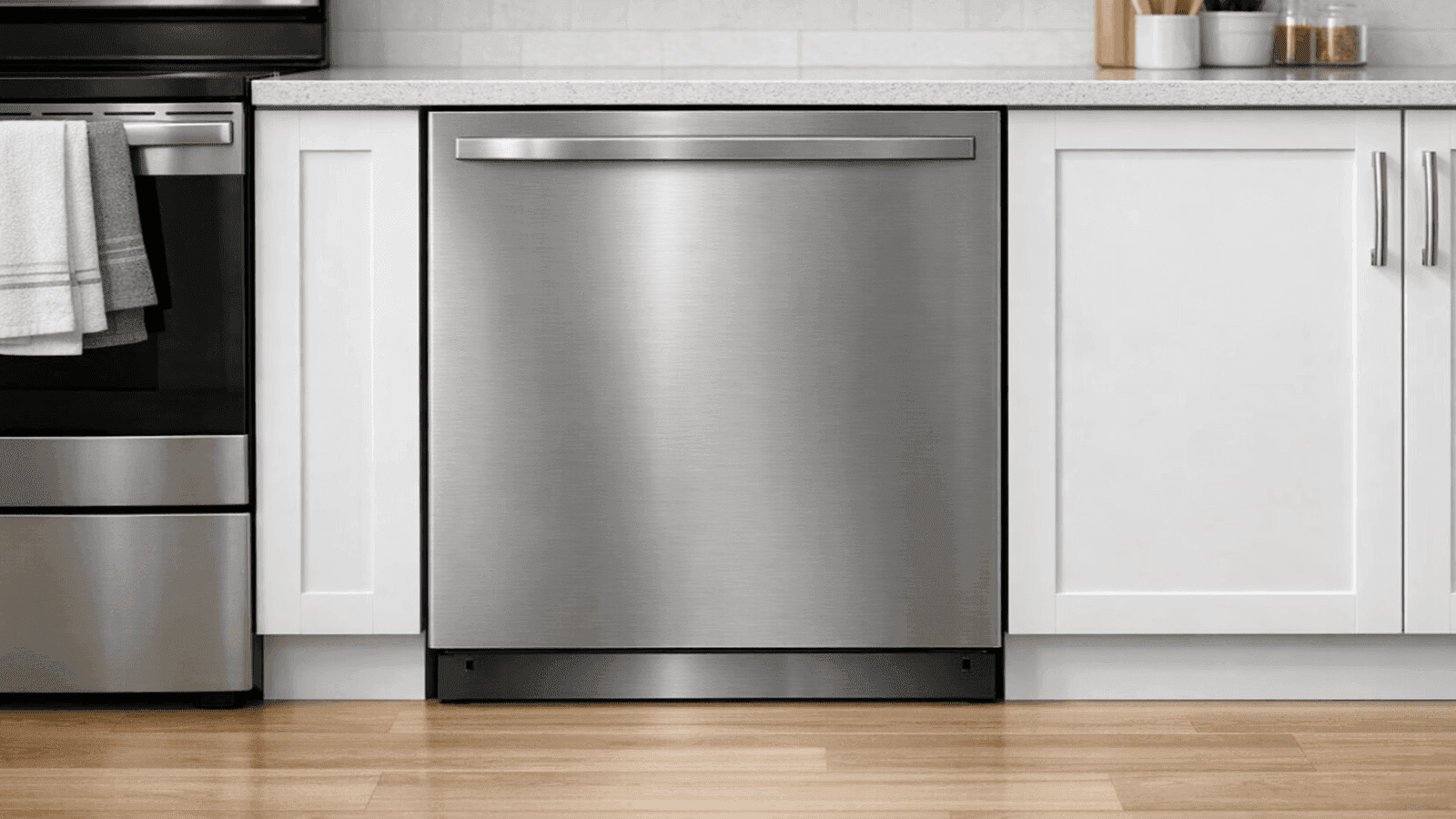 Fully installed stainless steel dishwasher flush with surrounding white kitchen cabinetry with kick panel in place and modern kitchen visible in background
