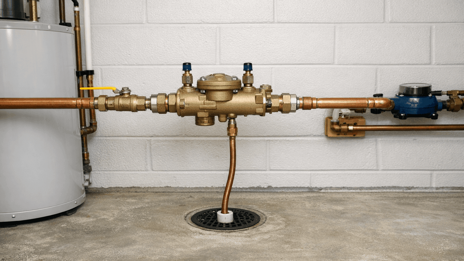Complete RPZ backflow preventer installation on copper main supply line in residential utility room, showing union fittings, isolation valve, and relief valve drain line routed to floor drain