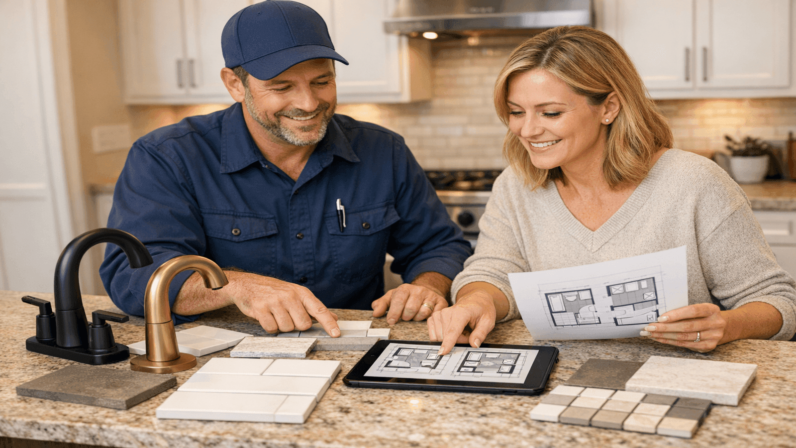 Licensed plumber and homeowner reviewing fixture samples and bathroom design plans at a kitchen counter, tile samples and matte black faucet finishes spread between them