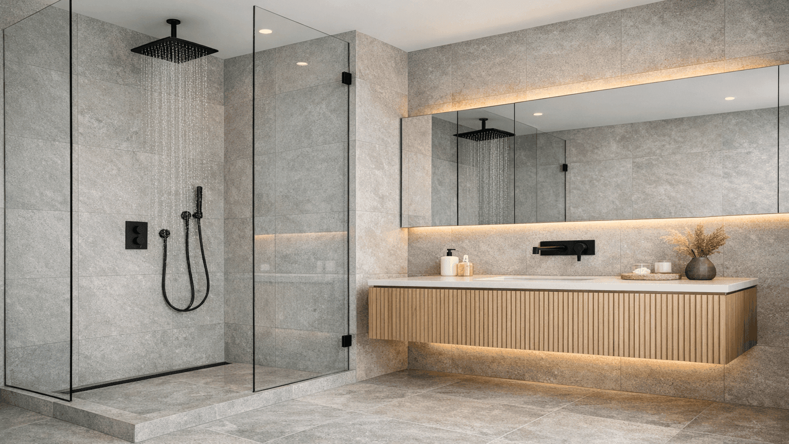 Modern primary bathroom with matte black rainfall showerhead, wall-mounted faucet, floating vanity with fluted wood fronts, and warm ambient lighting