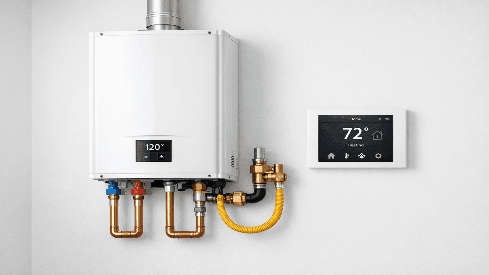 Modern tankless water heater mounted on a clean utility room wall with copper supply connections and a smart home control panel beside it