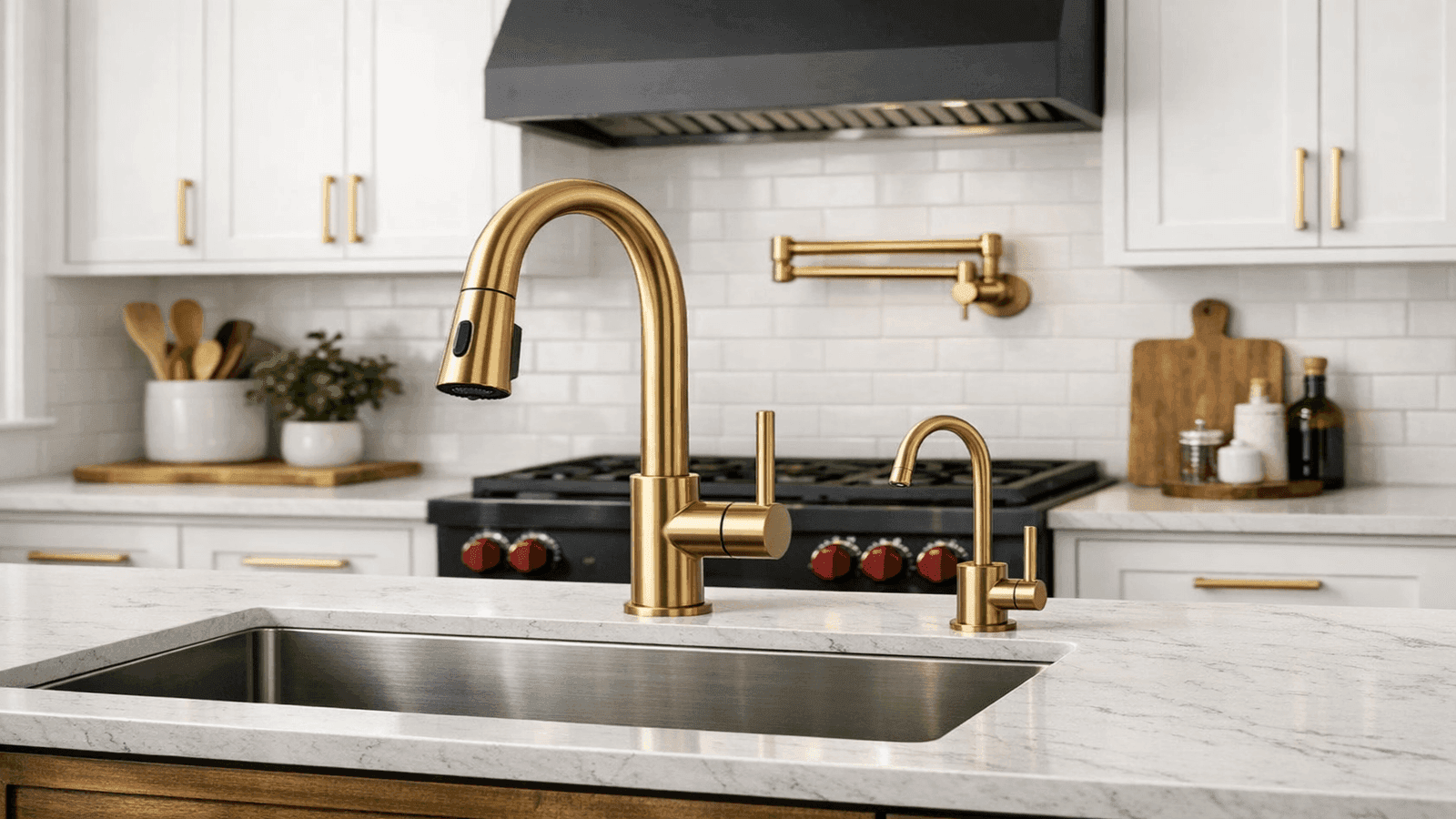 Modern kitchen with deep undermount stainless sink, brushed gold touchless pull-down faucet, dedicated filtered water tap, and pot filler above the range