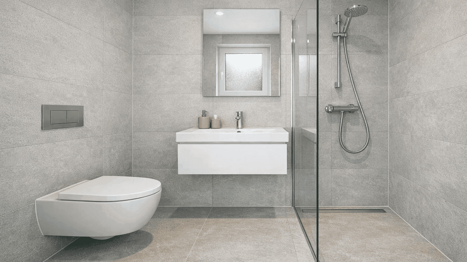 Compact modern bathroom with wall-hung toilet, narrow floating vanity, frameless glass curbless walk-in shower, and continuous large-format gray tile