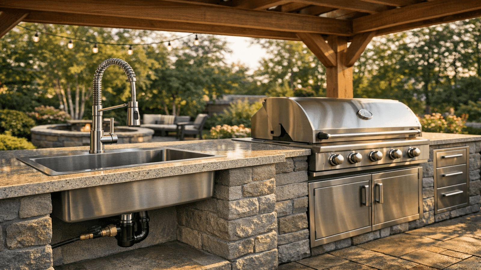 Covered outdoor kitchen under a wood pergola with a stainless sink, brushed steel faucet, dedicated supply shutoff, and built-in grill in a landscaped backyard
