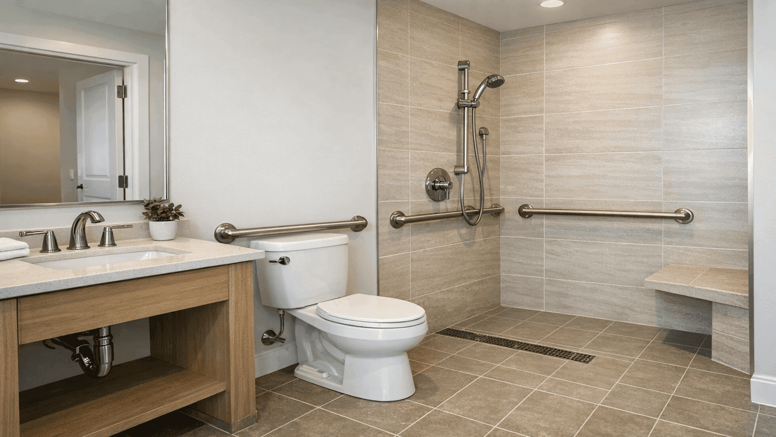 Accessible modern bathroom with curbless tiled shower, ADA grab bars, comfort-height toilet, and lever-style faucet handles in a clean neutral design