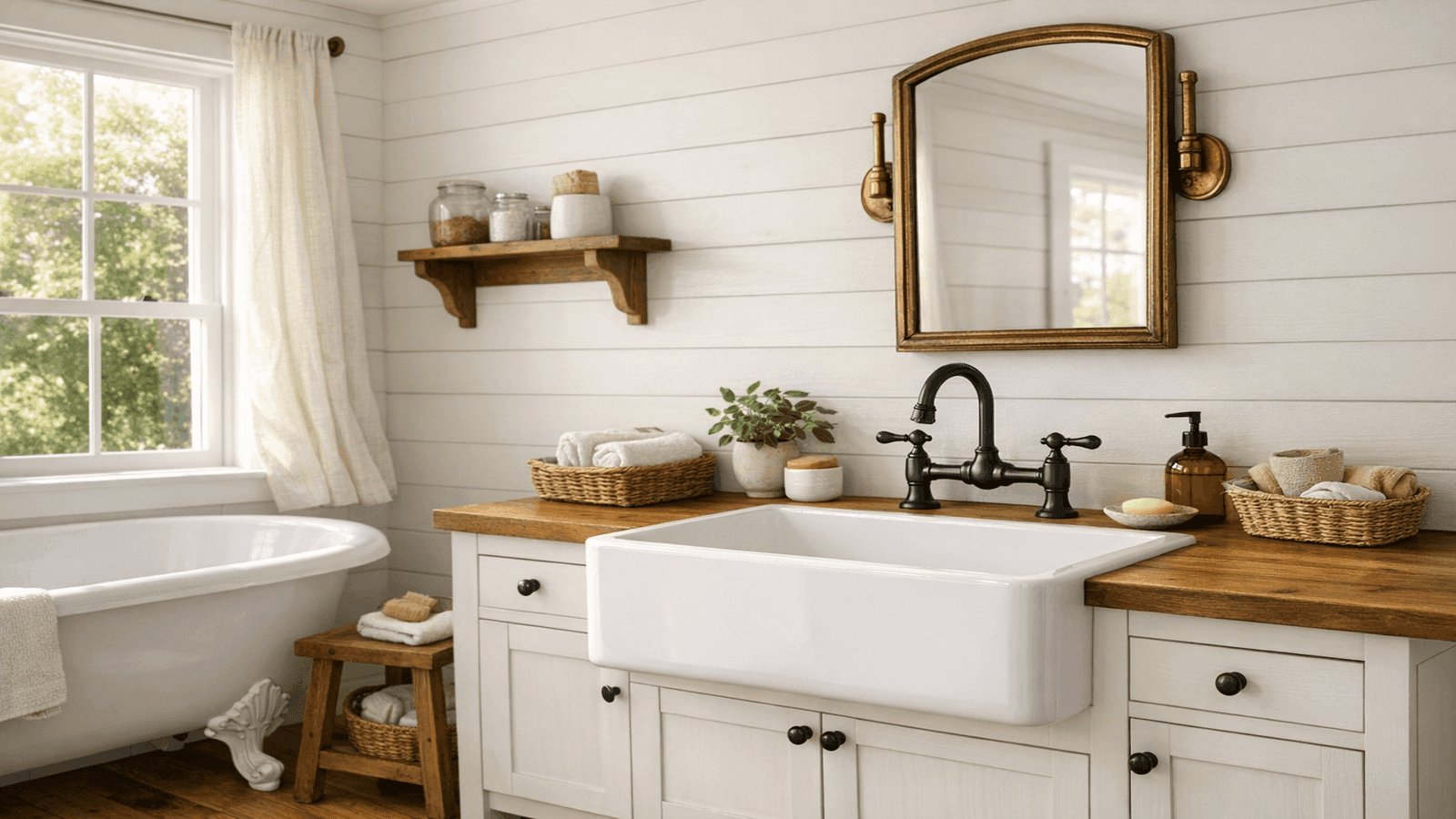 Farmhouse bathroom with white fireclay apron-front sink, oil-rubbed bronze bridge faucet, white clawfoot tub, shiplap walls, and warm wood floor