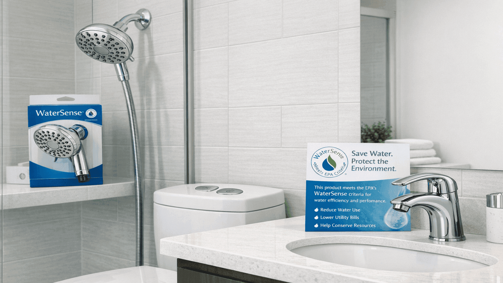 Modern bathroom with WaterSense-certified low-flow showerhead, dual-flush toilet, and water-efficient faucet with EPA WaterSense packaging visible nearby