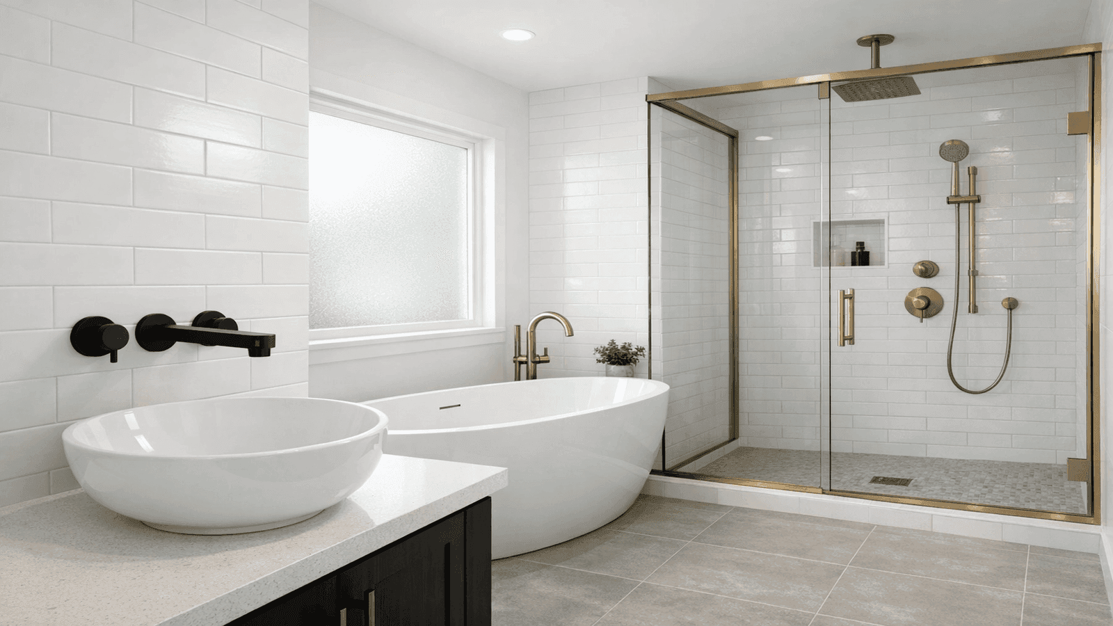 Modern master bathroom with matte black wall-mounted faucet over vessel sink and champagne bronze rainfall shower trim