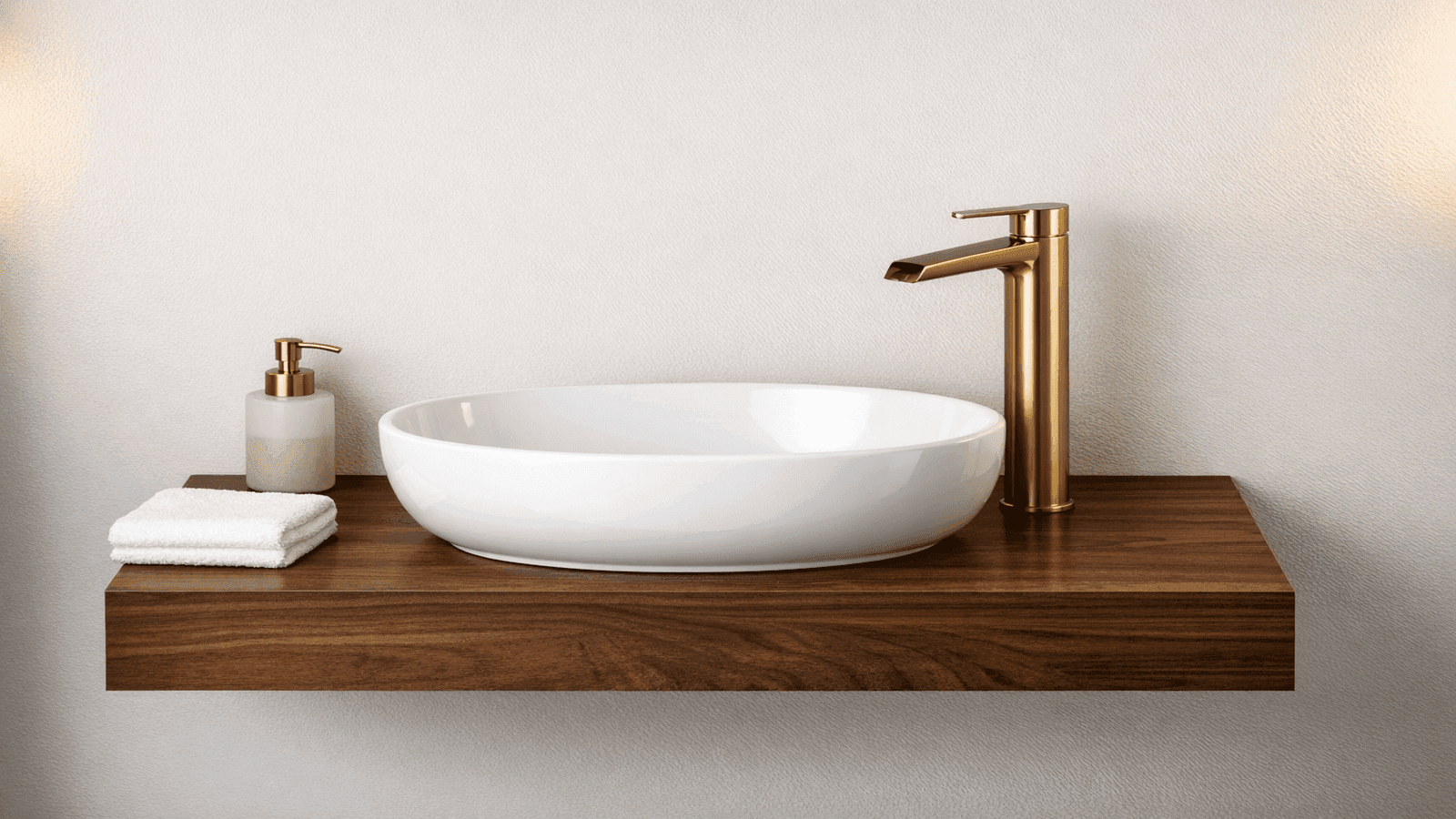White oval vessel sink on dark walnut floating vanity with brushed gold waterfall faucet