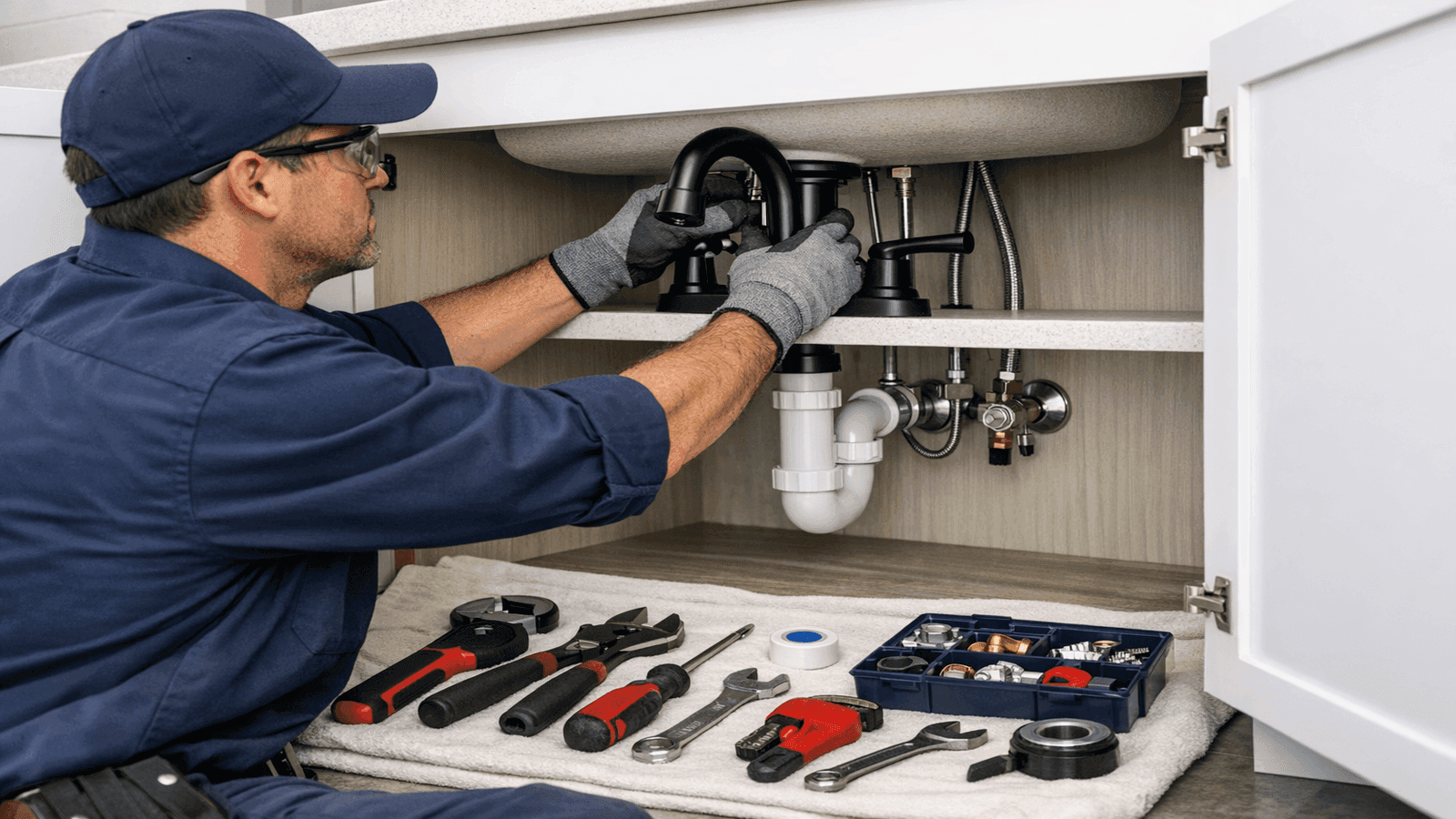 Licensed plumber in professional attire installing a matte black faucet under a bathroom vanity