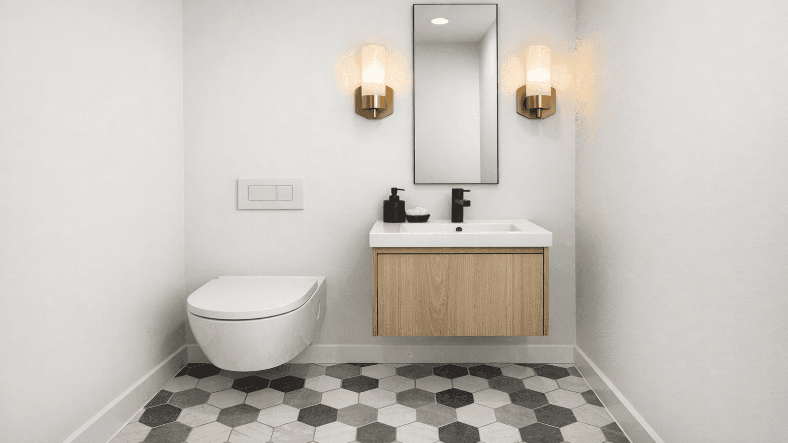 Small powder room with wall-hung toilet and compact floating vanity featuring matte black faucet