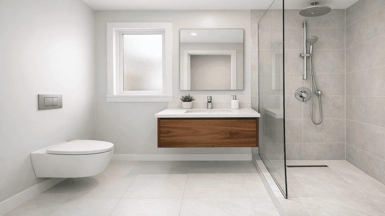 Small bathroom under 50 square feet with wall-hung toilet, floating vanity, curbless shower with frameless glass panel, and large-format white tile floor