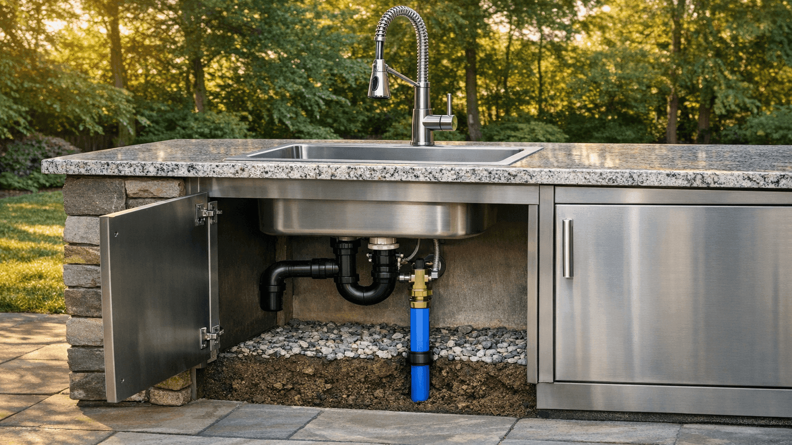 Stainless steel outdoor kitchen sink with dedicated underground MDPE supply line connection in a lush backyard setting