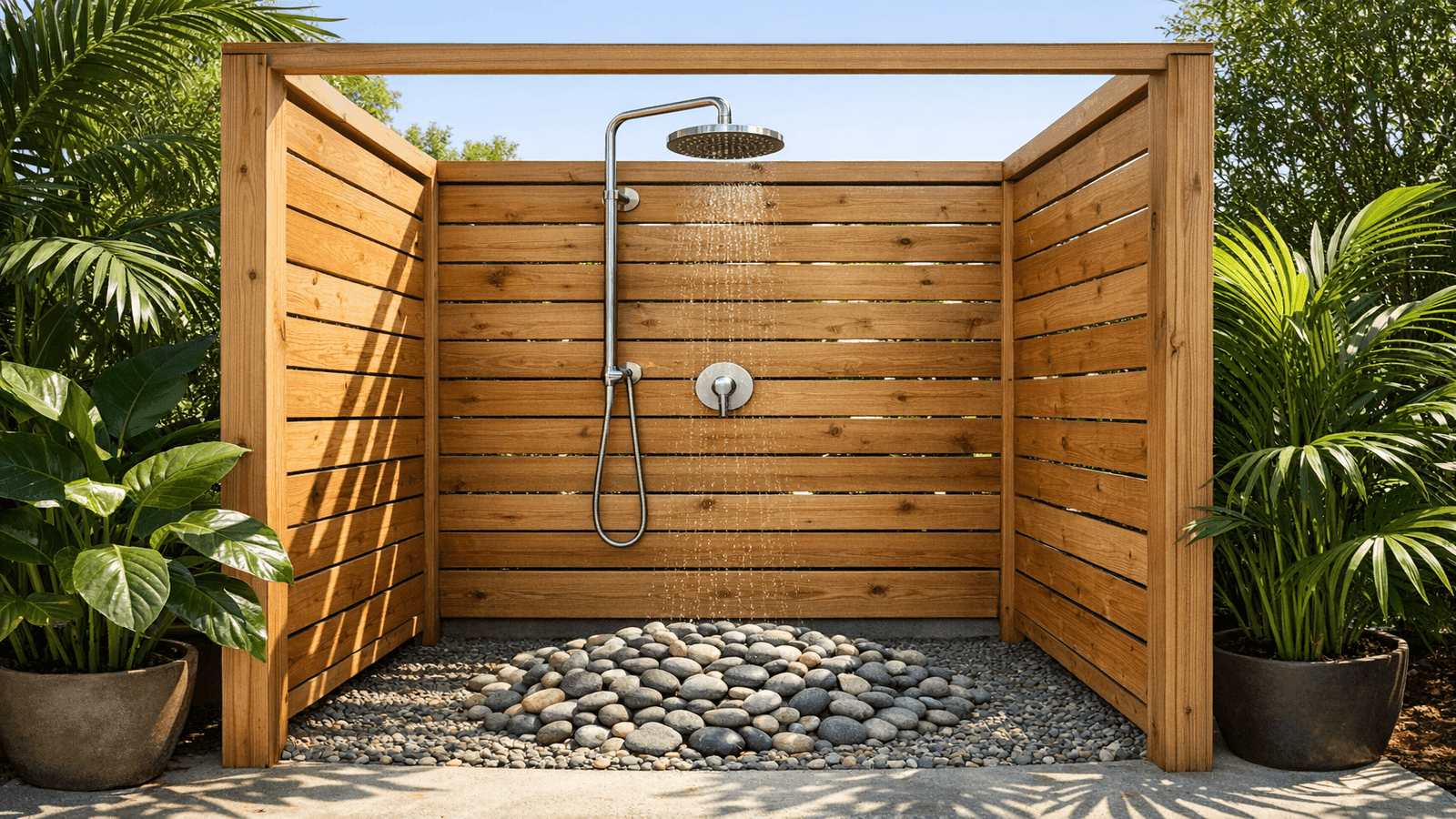 Freestanding outdoor shower with natural cedar privacy panels, stainless steel showerhead, and gravel pit drain at base