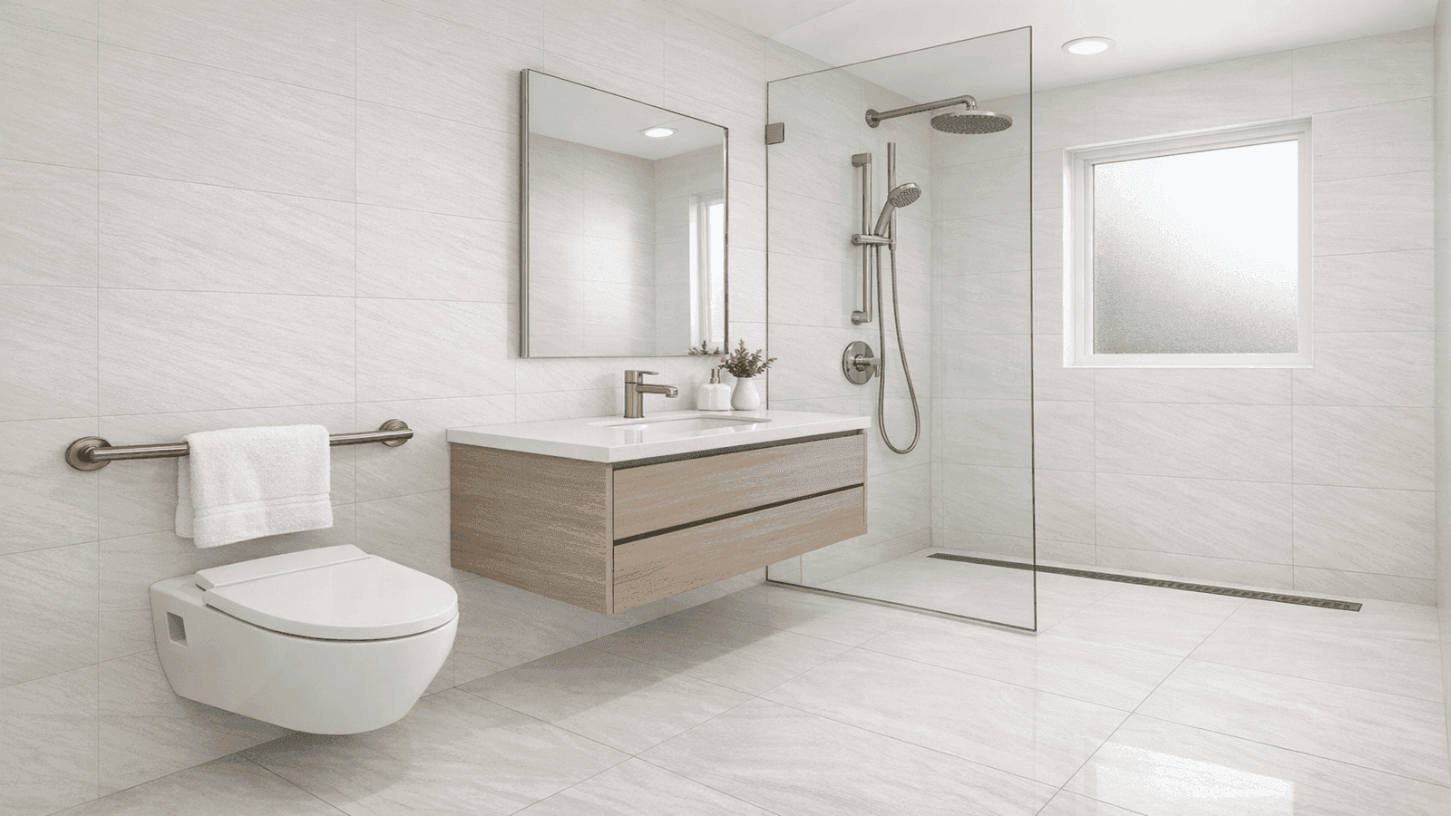 Modern curbless accessible bathroom with grab bars, comfort-height toilet, and hand-held showerhead on adjustable slide bar, bright contemporary design with large-format tile