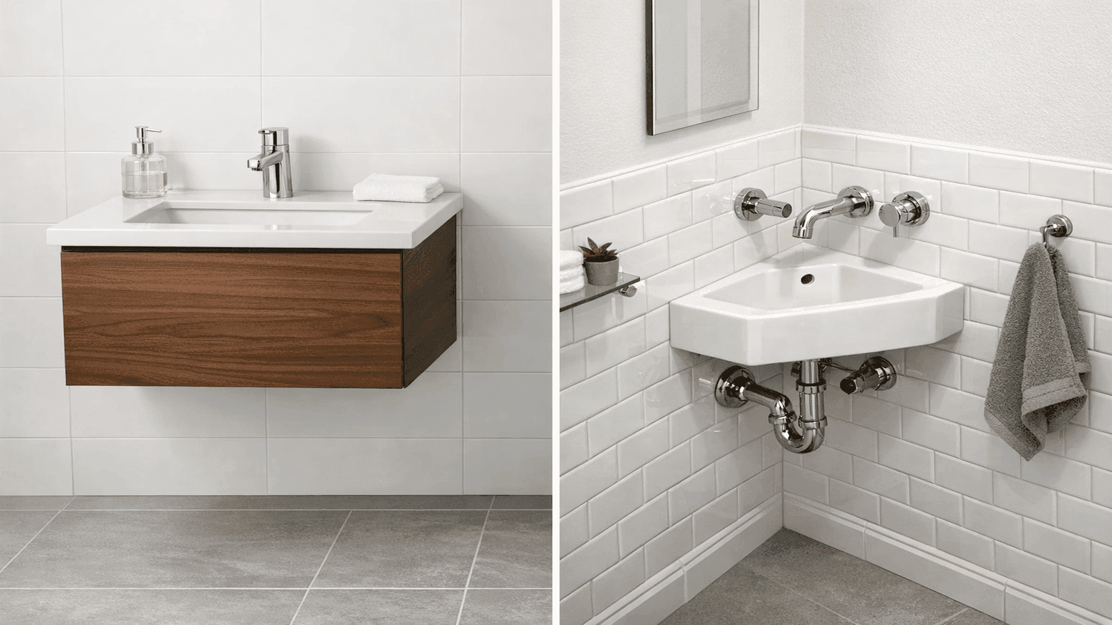 18-inch floating vanity with undermount basin on white tile wall beside corner sink in narrow powder room with chrome fittings