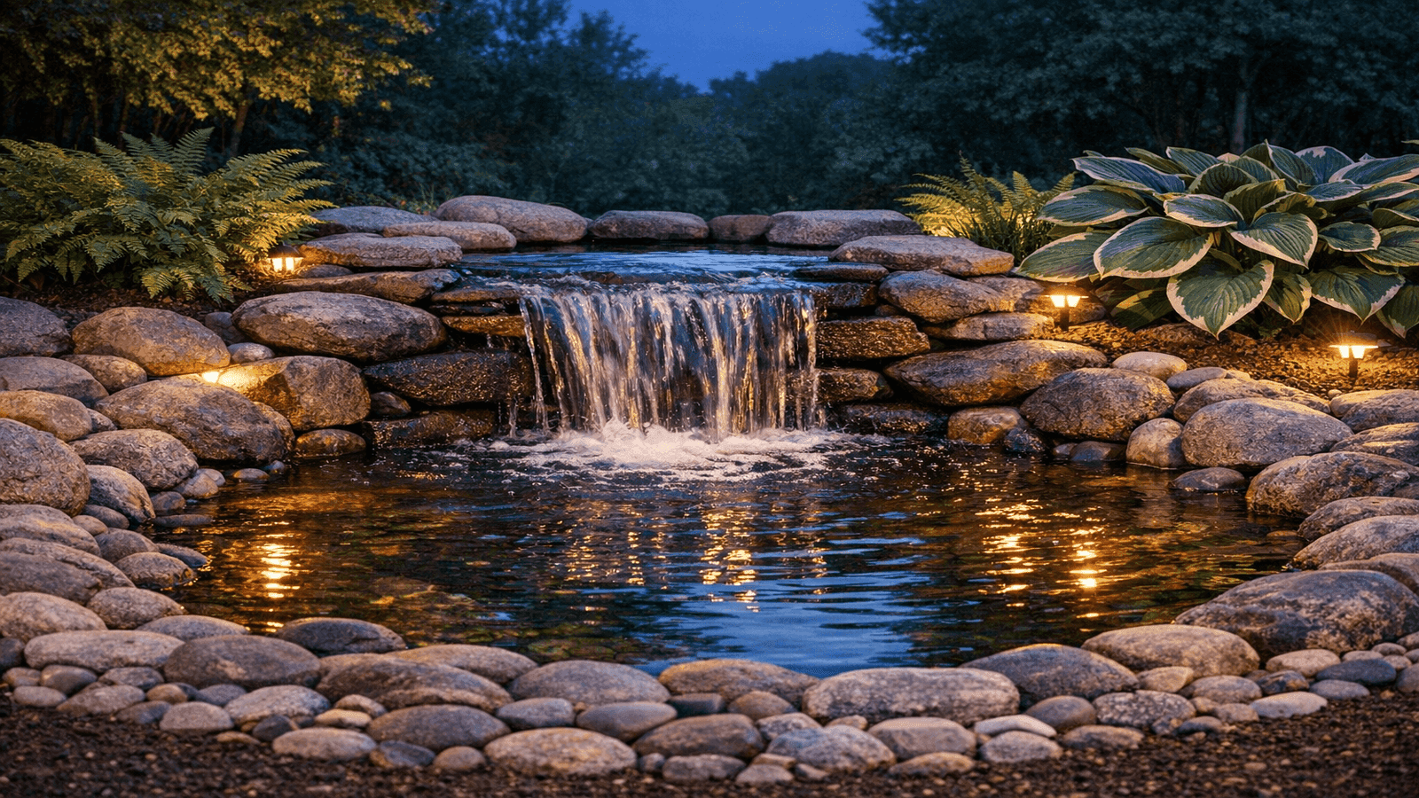 Backyard recirculating pump pond with cascading waterfall and warm evening landscape lighting surrounded by lush garden plantings