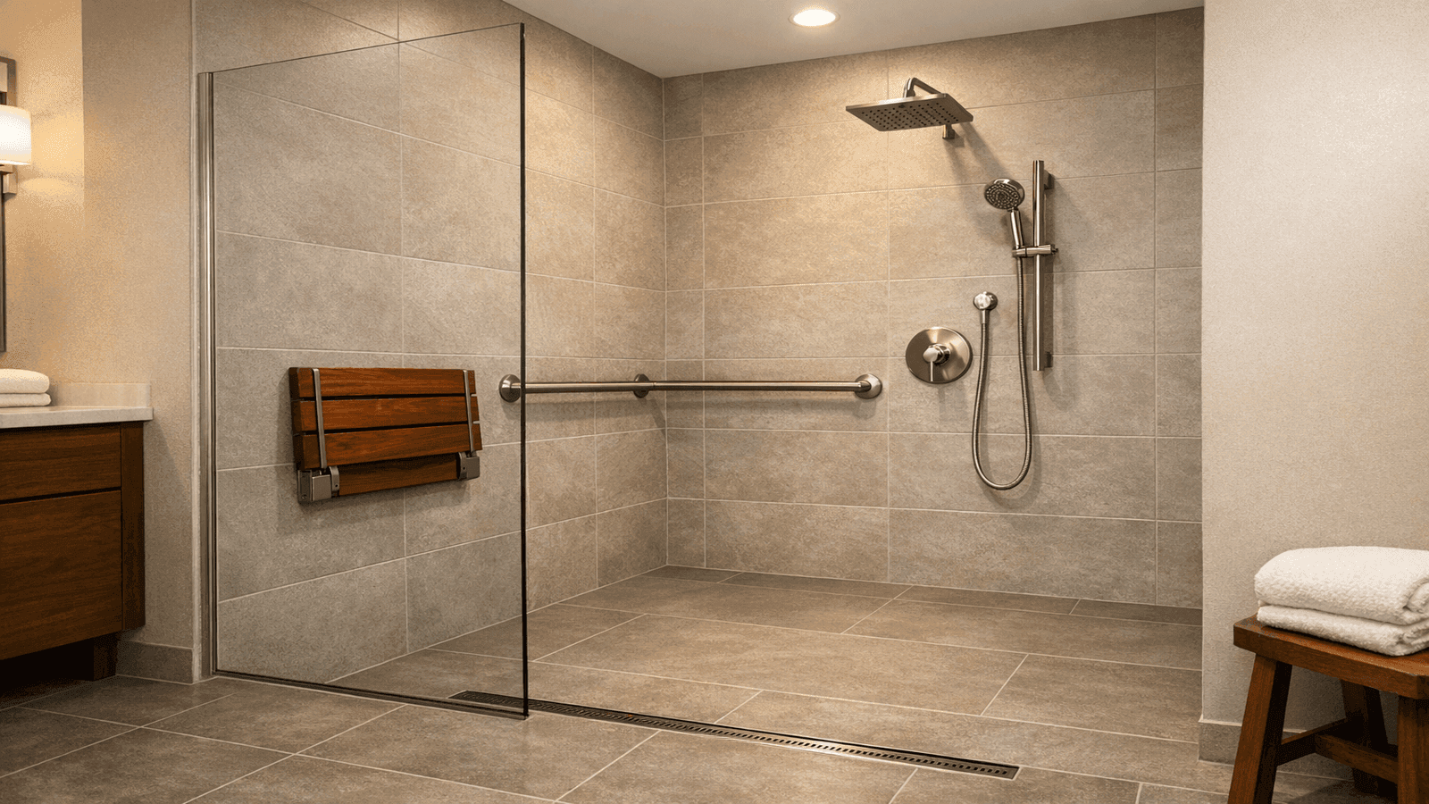 Photorealistic curbless shower with linear drain at threshold, large-format tile, frameless glass panel, fold-down teak shower bench, and grab bar on side wall in warm modern design