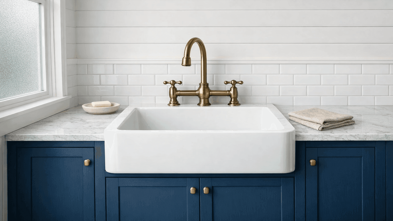 White fireclay apron-front farmhouse sink with antique brass bridge faucet in a navy shaker vanity with subway tile wainscoting