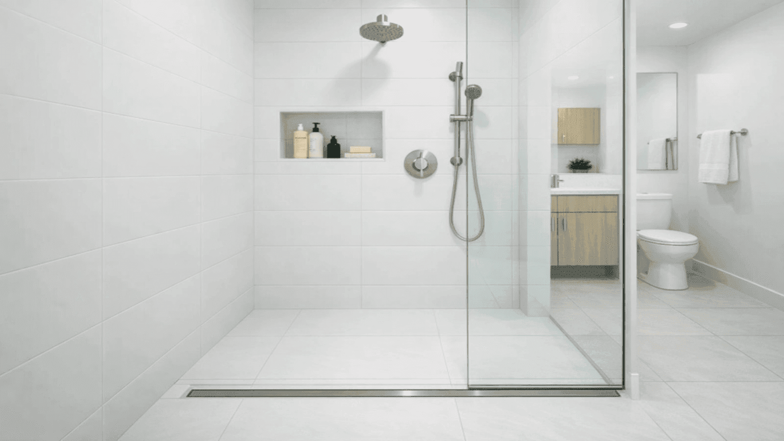 Curbless shower in small bathroom with large-format white tile floor running continuously, single fixed frameless glass panel, linear drain at threshold, and recessed tiled niche on back wall