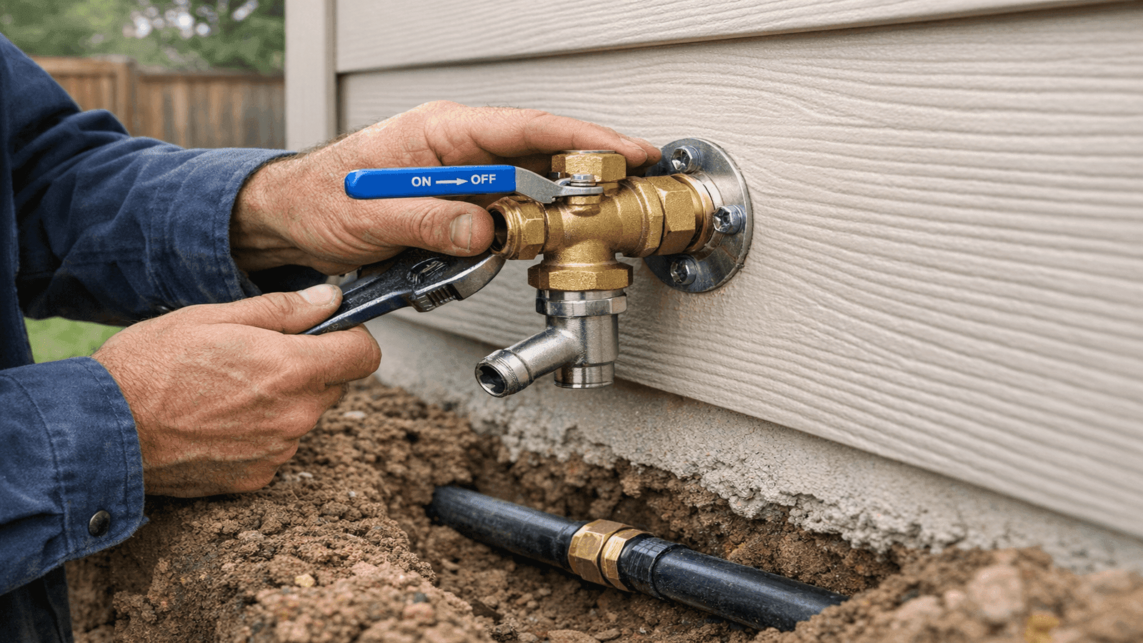 Licensed plumber installing frost-proof shutoff valve on exterior wall with MDPE underground supply line visible in trench below