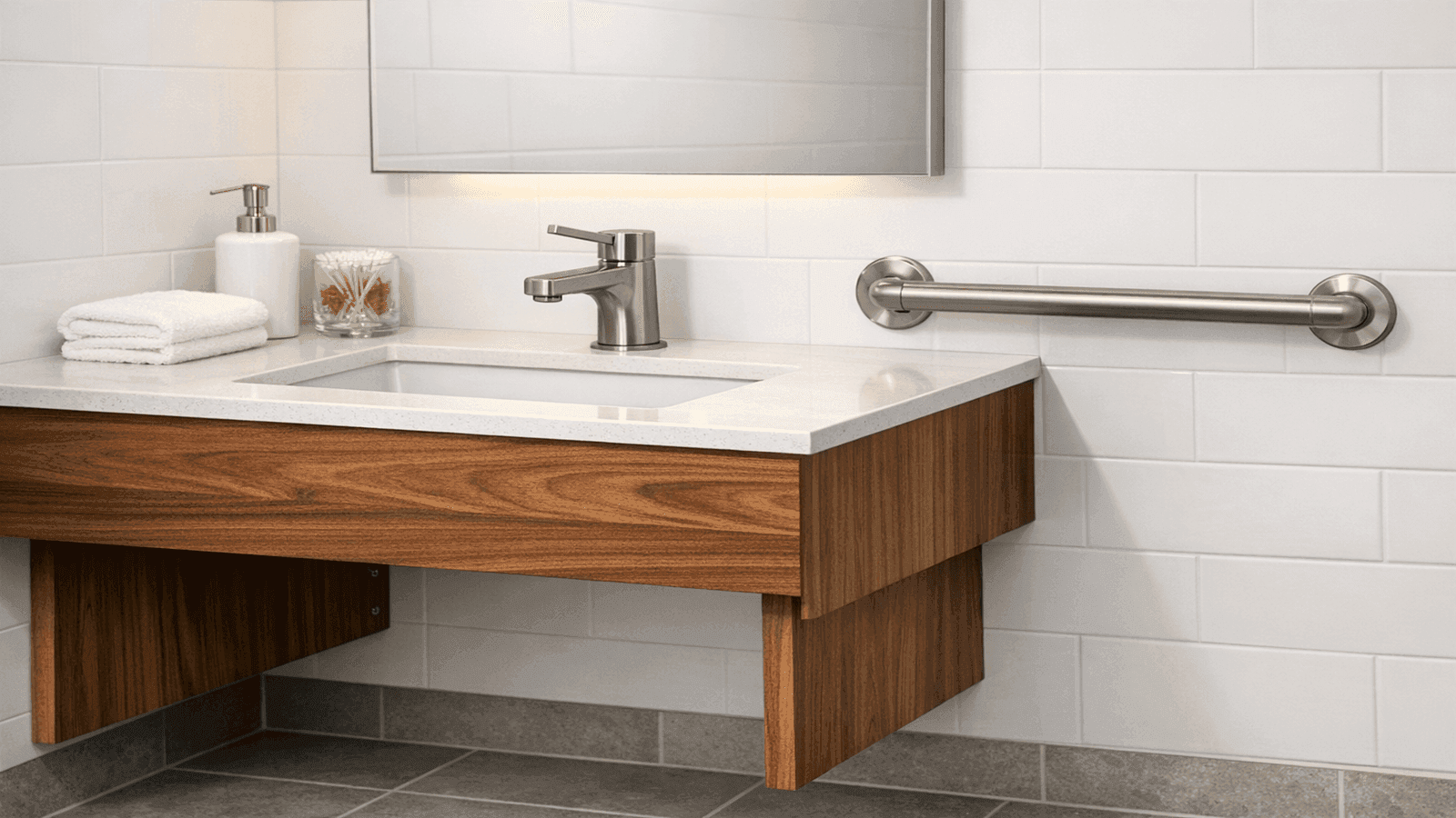 Lever-handle faucet at accessible bathroom vanity with ADA-compliant height, contrasting grab bar in brushed nickel finish, wide turning clearance visible at floor level