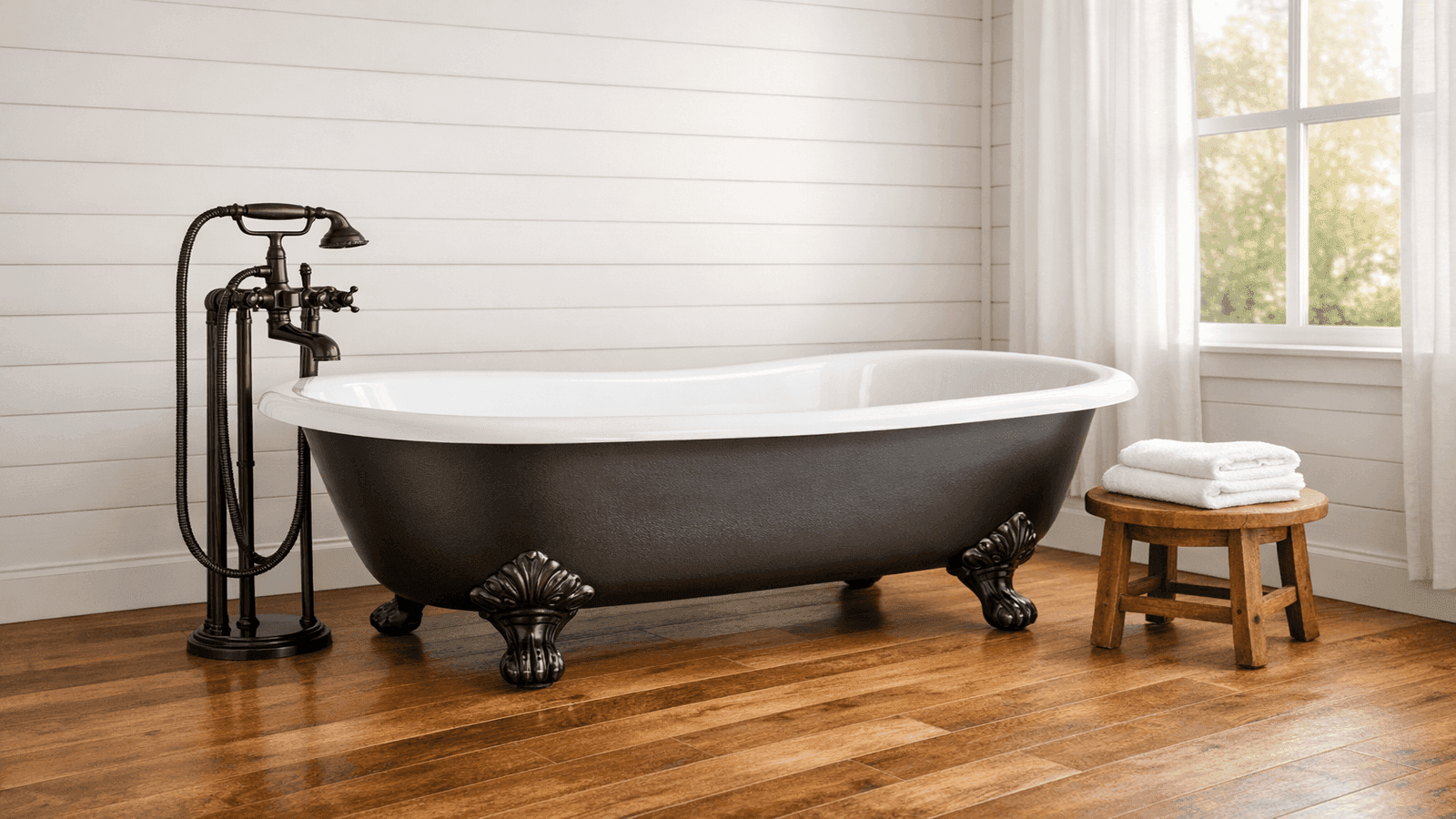 Cast iron clawfoot bathtub with oil-rubbed bronze floor-mount filler faucet on hardwood floor with white shiplap walls