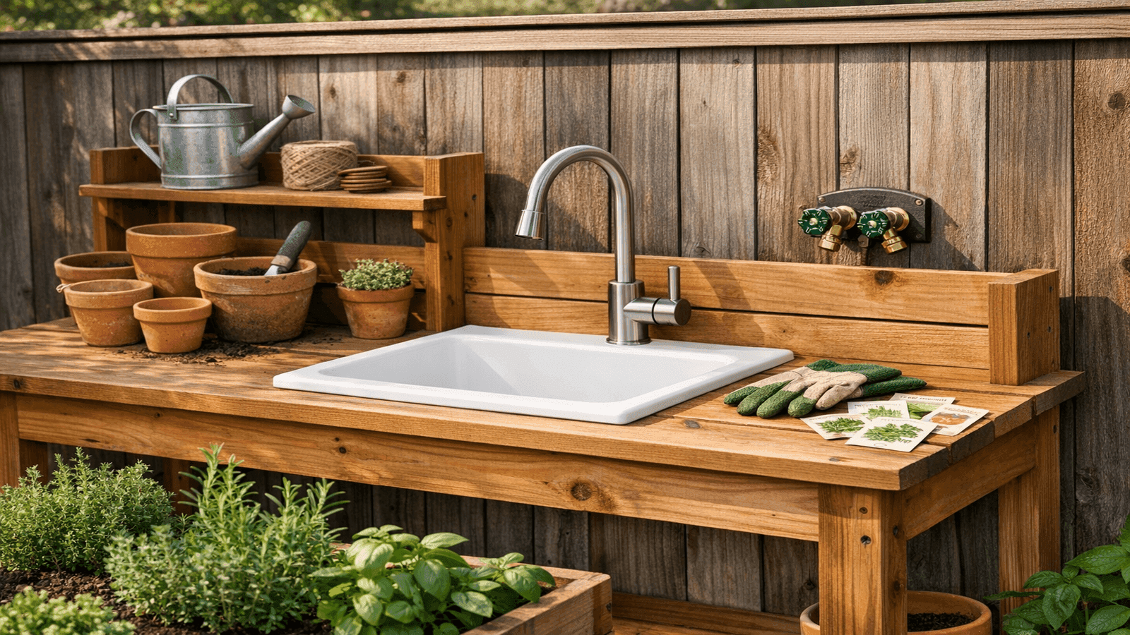 Cedar potting bench with farmhouse basin sink, gooseneck faucet, and frost-proof hose bib in a home garden setting