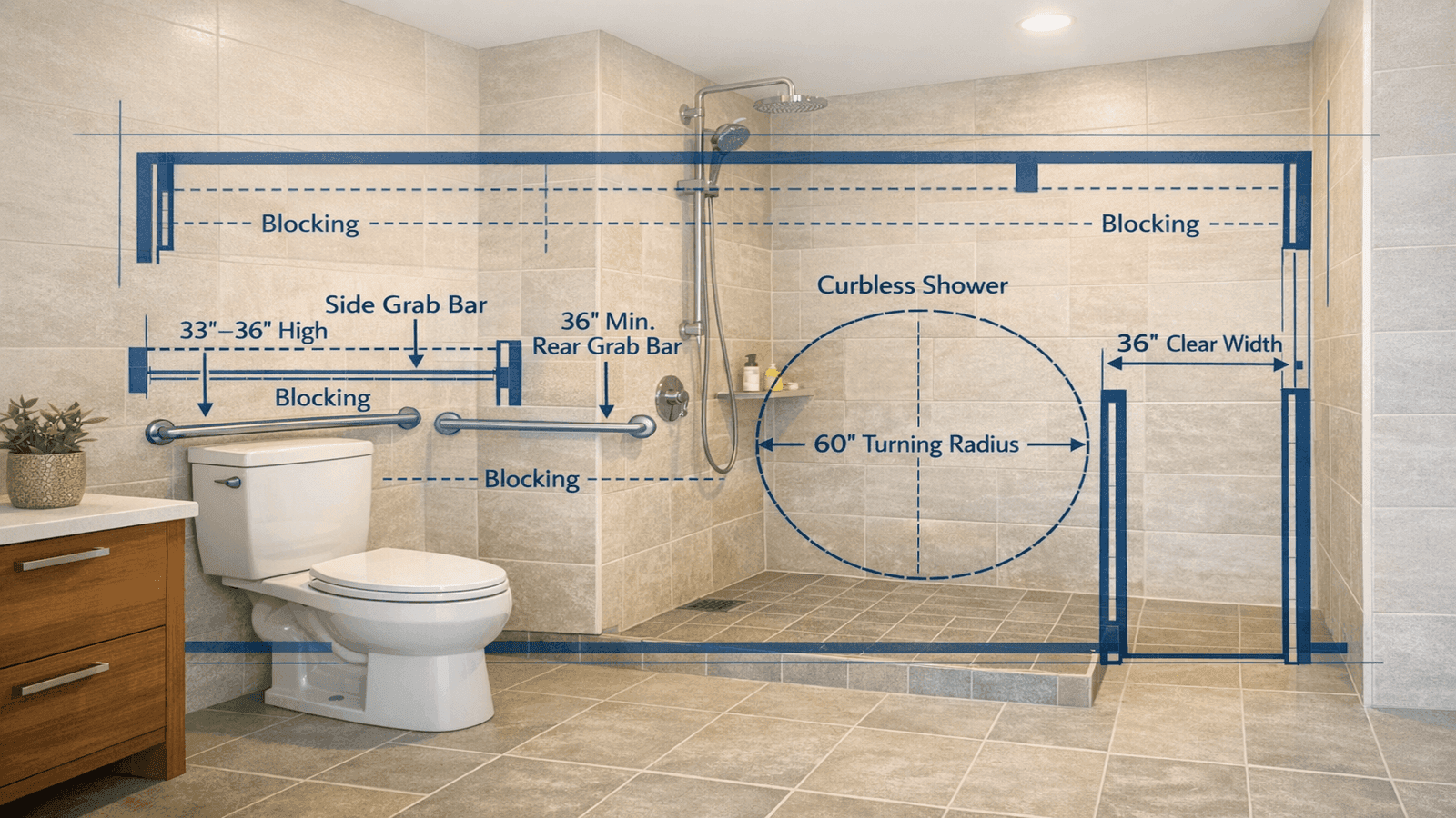 Accessible bathroom planning diagram showing ADA-compliant layout with toilet grab bars at correct heights, curbless shower with 60-inch turning clearance, 36-inch door width, and blocking locations marked on wall framing