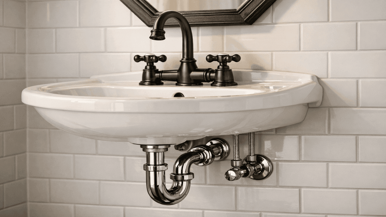 Oil-rubbed bronze cross-handle faucet on pedestal sink with exposed chrome P-trap and subway tile wall in farmhouse bathroom
