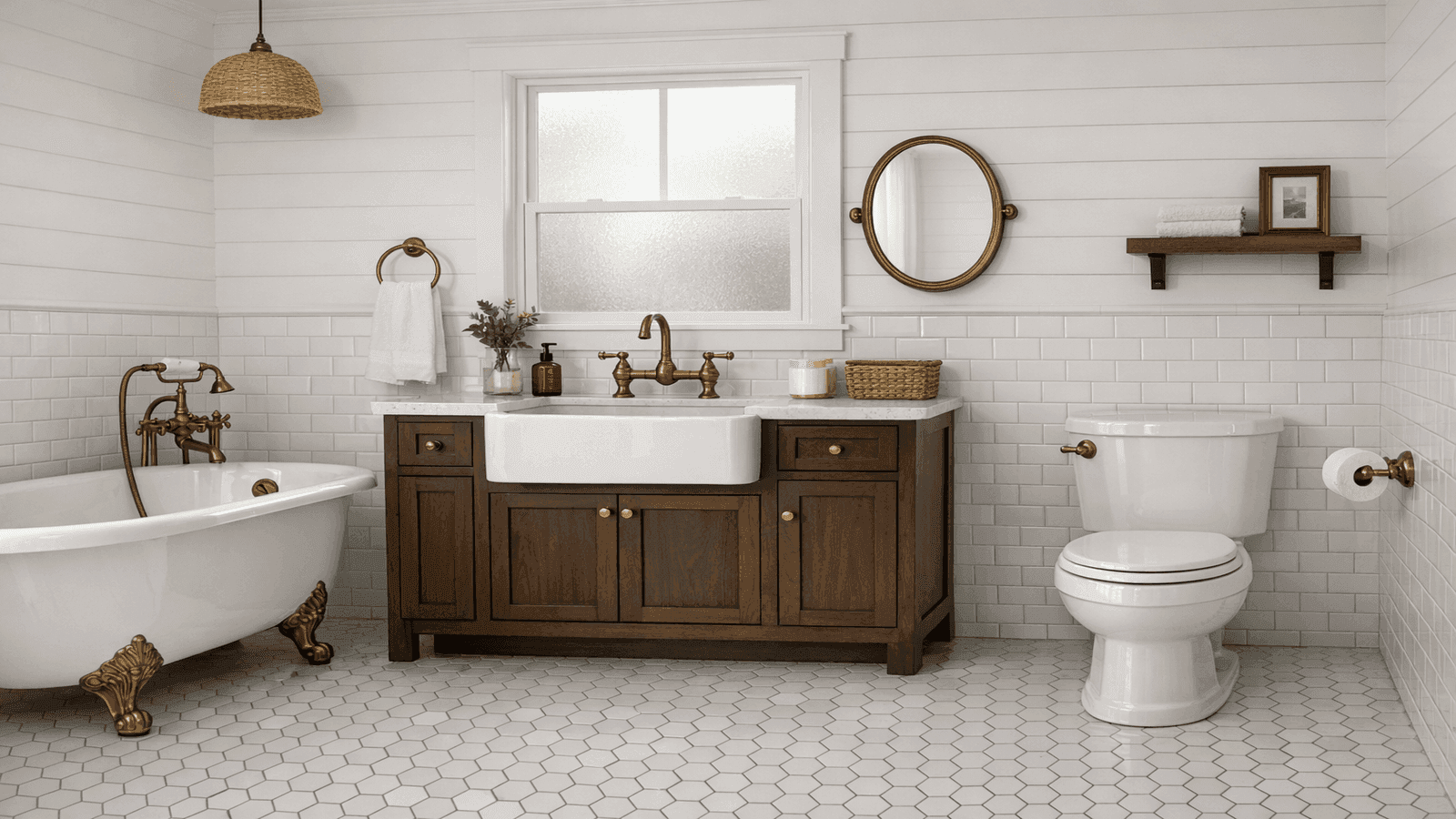 Complete farmhouse bathroom renovation with clawfoot tub, fireclay apron sink, skirted toilet, and antique brass fixtures throughout