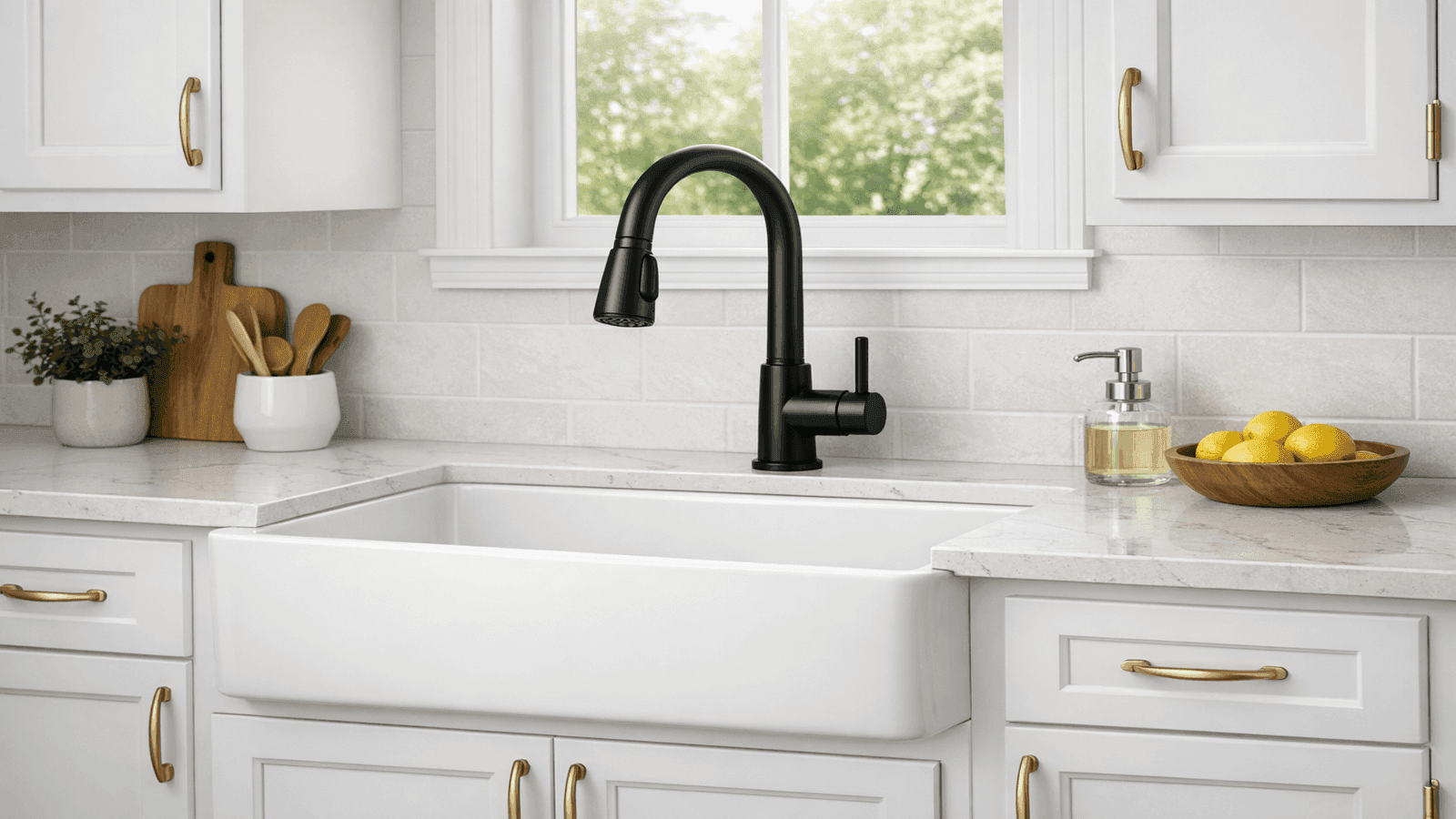 Matte black pull-down kitchen faucet above a deep white farmhouse sink with white shaker cabinets and brushed gold hardware accents