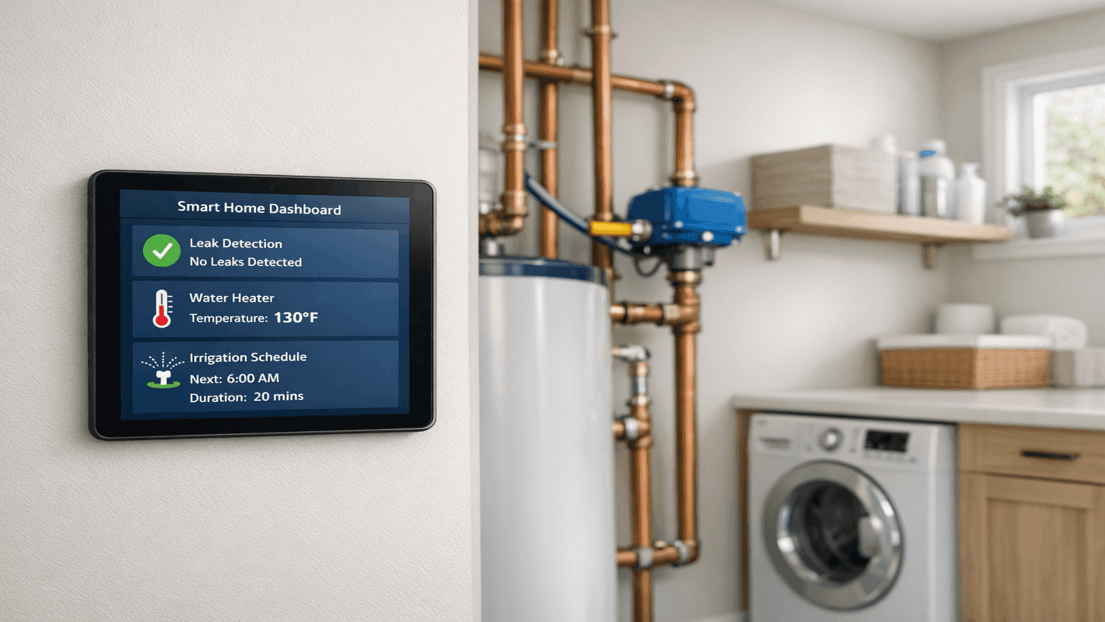 Smart home plumbing control panel showing leak detection, water heater status, and irrigation schedule on tablet mounted near utility room entrance