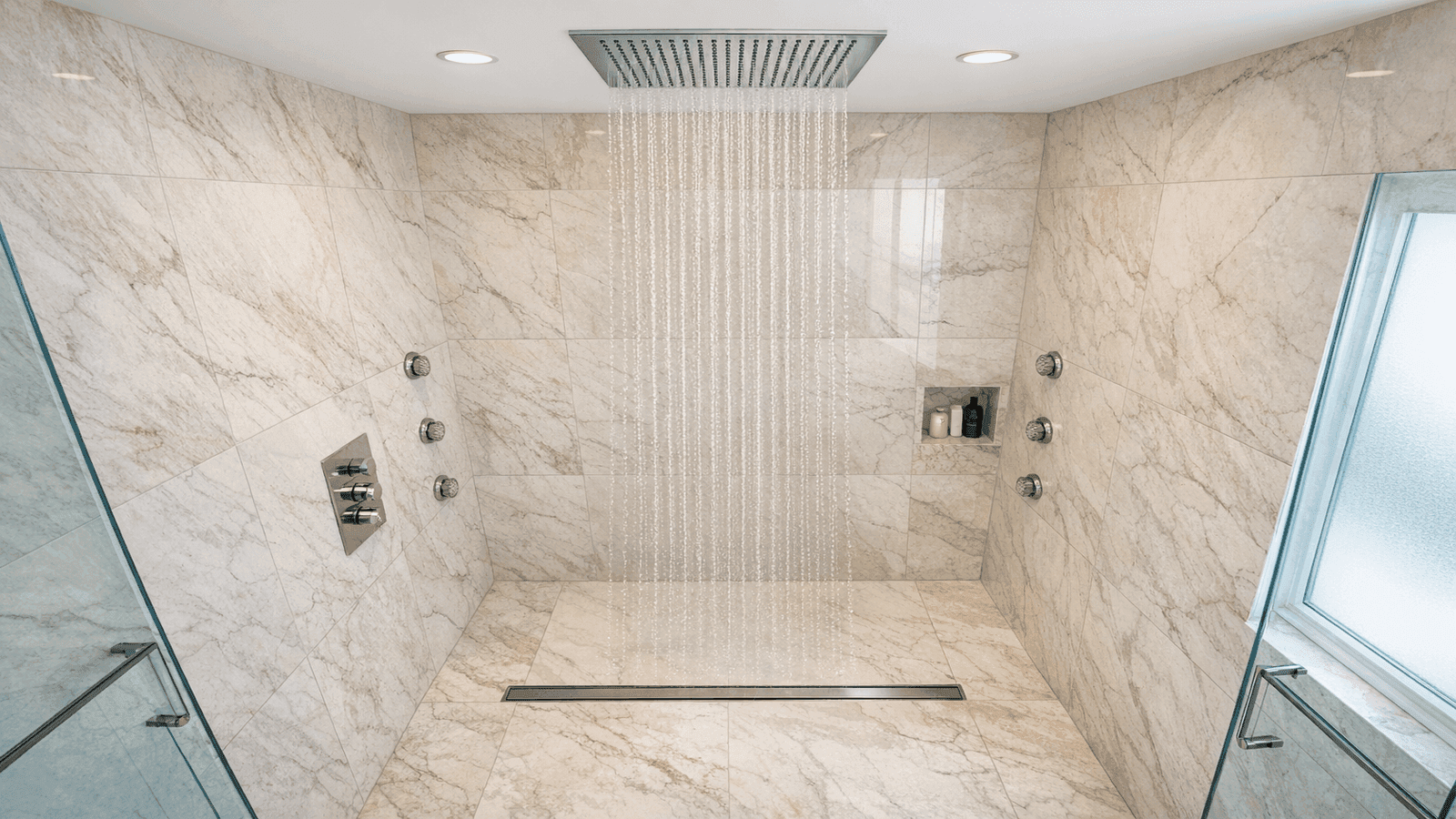 Large walk-in spa shower with ceiling-mounted rainfall showerhead, recessed body jets, and floor-to-ceiling marble tile