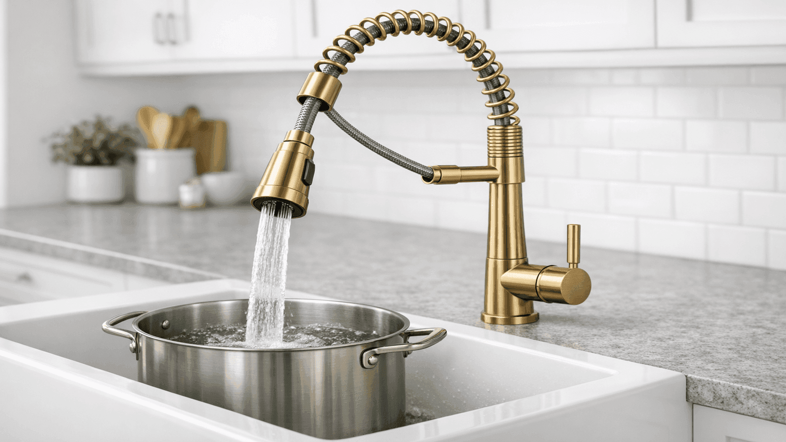 Brushed gold high-arc pull-down kitchen faucet filling a large stainless steel pot in a deep farmhouse sink