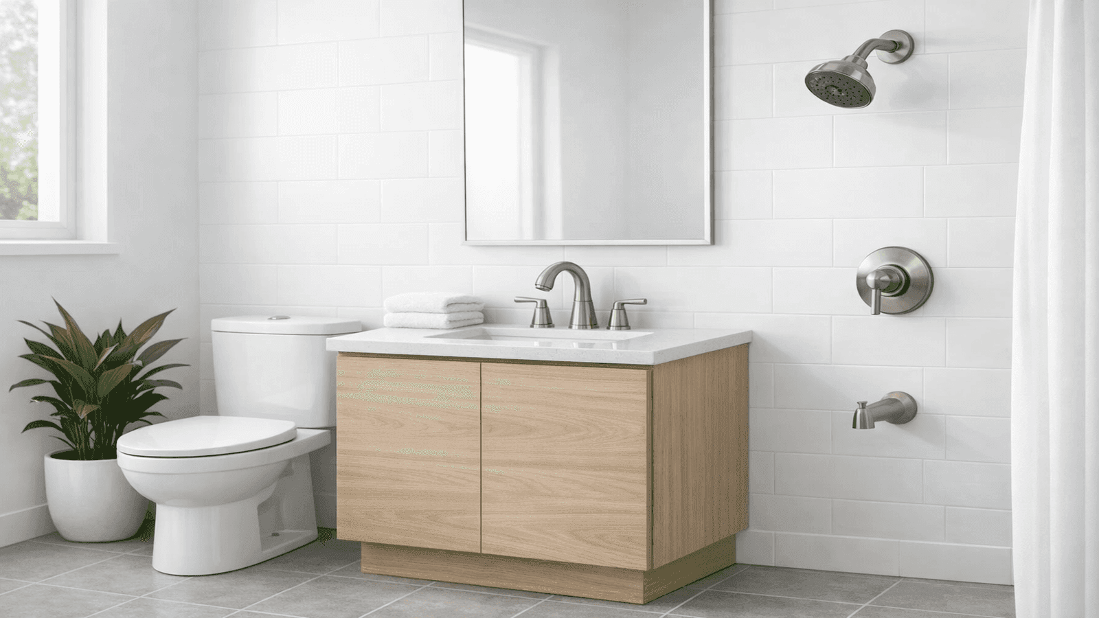 Modern eco-friendly bathroom with WaterSense toilet, low-flow showerhead, and water-saving faucet in bright white tile setting