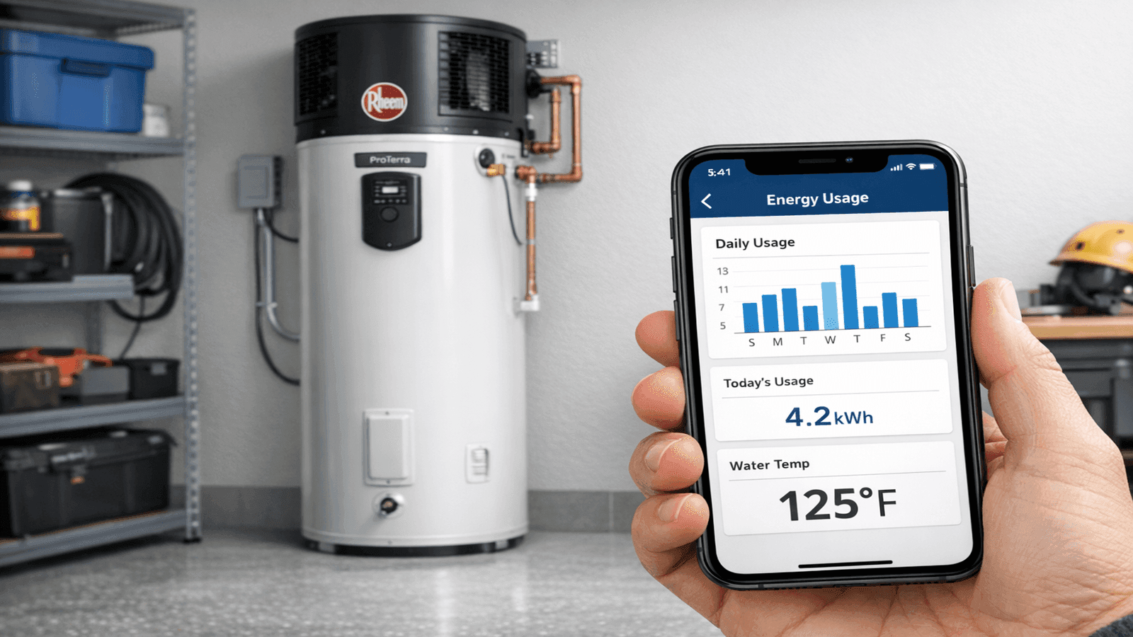 Rheem ProTerra heat pump water heater installed in garage with smartphone showing energy monitoring app and current water temperature
