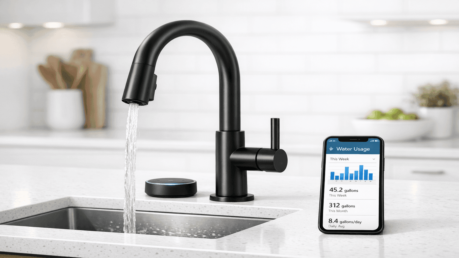 Matte black Delta-style smart kitchen faucet with voice control hub and smartphone showing water usage tracking app