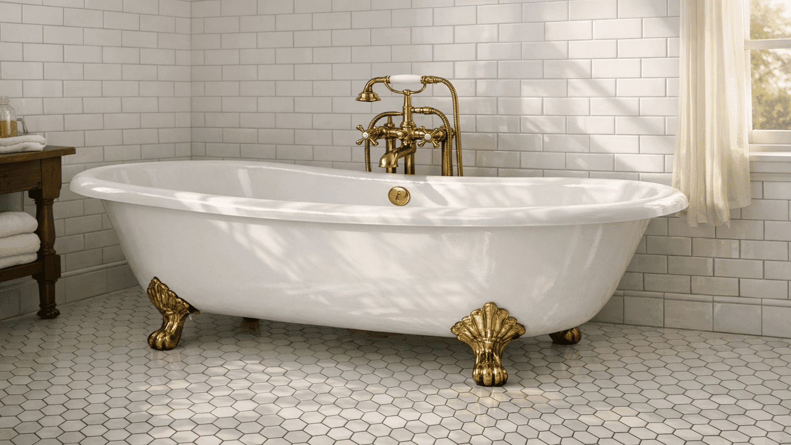 Freestanding cast iron clawfoot tub with unlacquered brass cross-handle floor-mount faucet in a period-accurate white subway tile bathroom