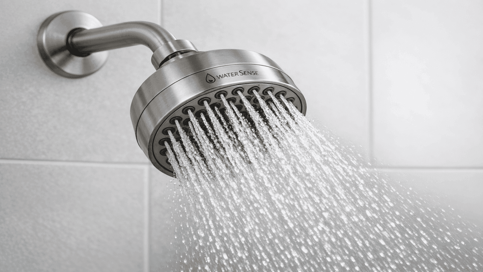 WaterSense certified low-flow showerhead with full spray pattern showing strong water pressure in modern tiled bathroom