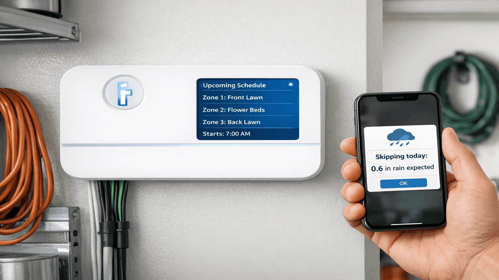 Rachio 3 smart irrigation controller mounted on garage wall showing zone schedule on LCD display, with smartphone displaying weather-based skip notification